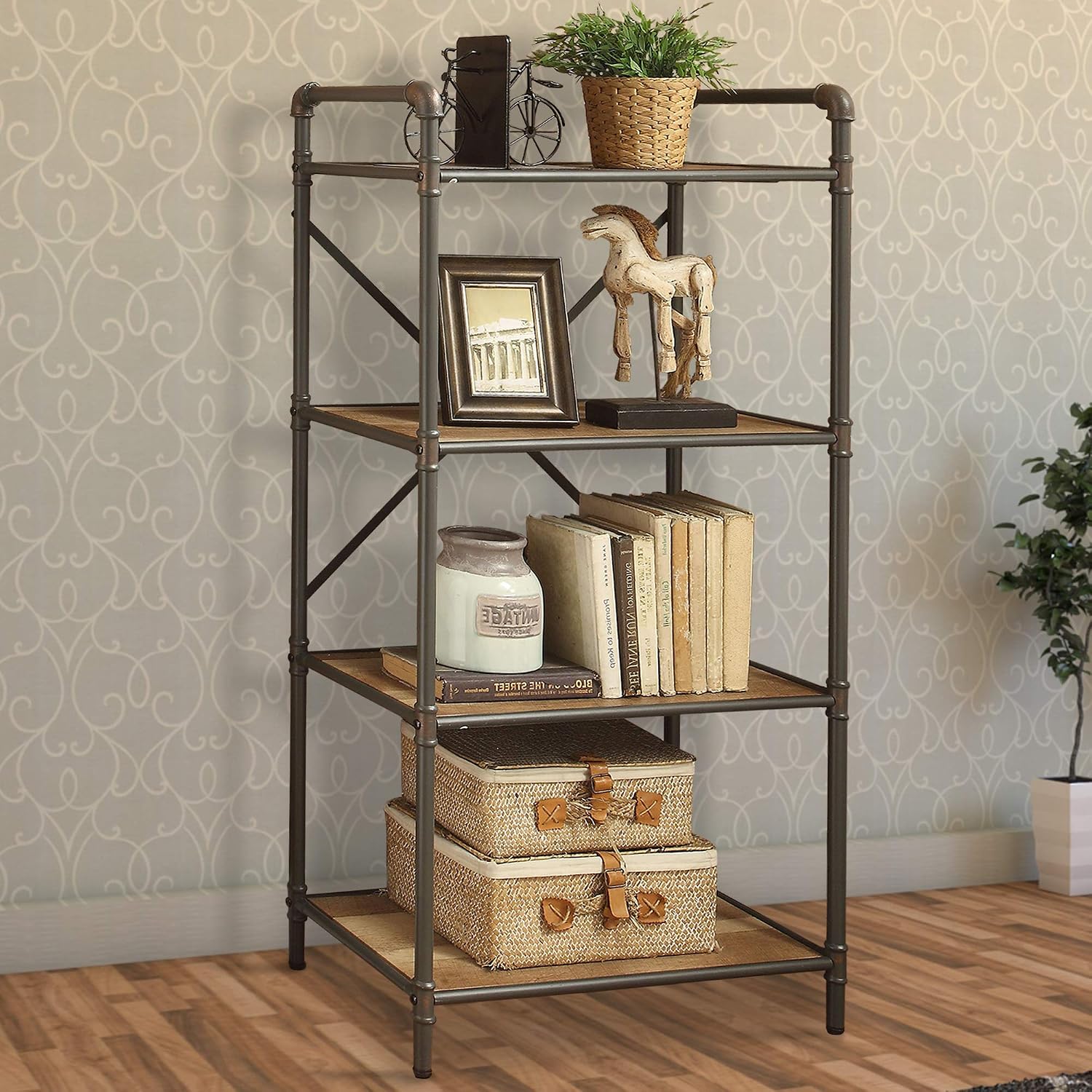 Benjara Benzara Four-Tier Metal Bookshelf with Wooden Shelves, Brown and Grey,