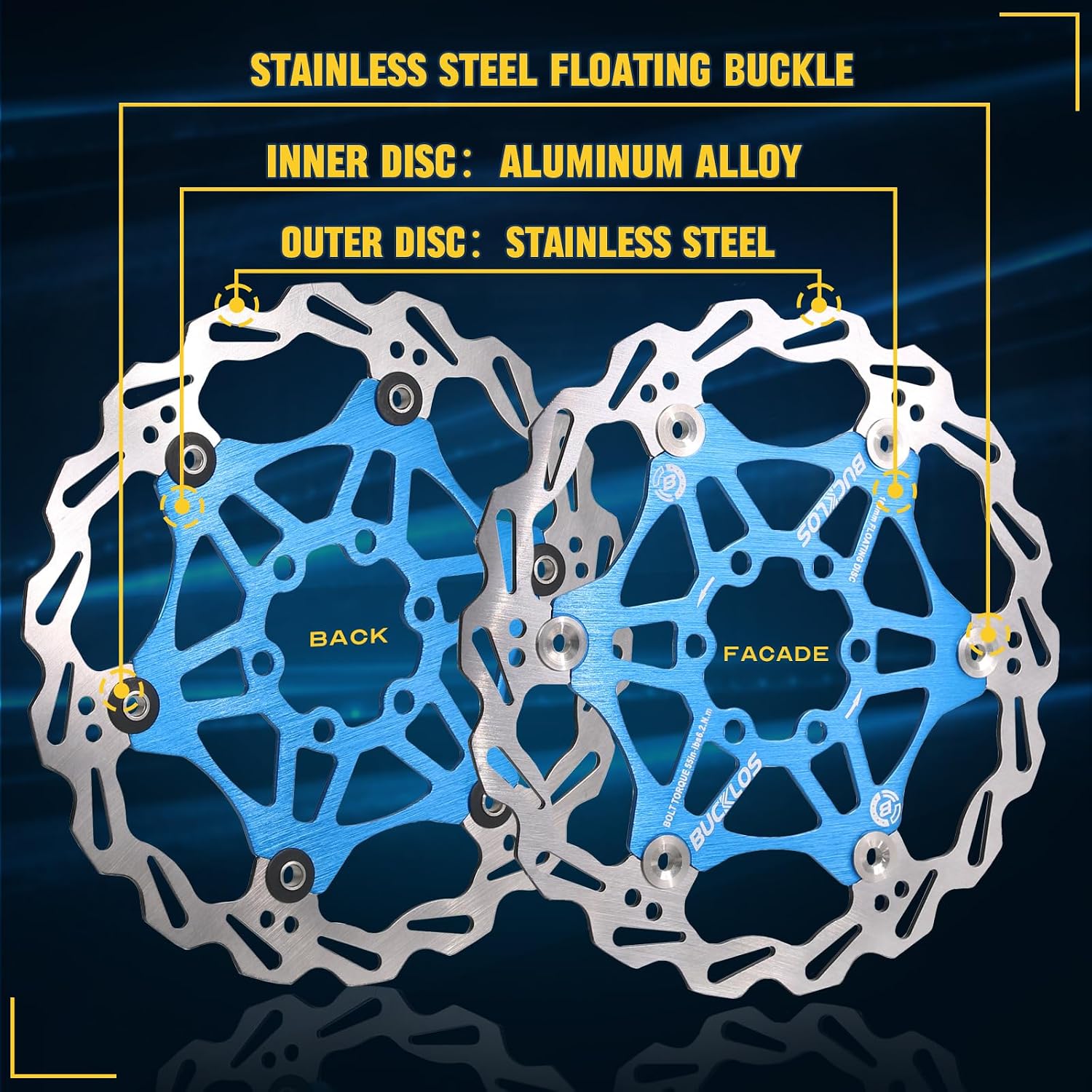 BUCKLOS 160mm 180mm 203mm Floating Disc Brake Rotor, Stainless Steel MTB Brakes Rotors with 6PC Bolts
