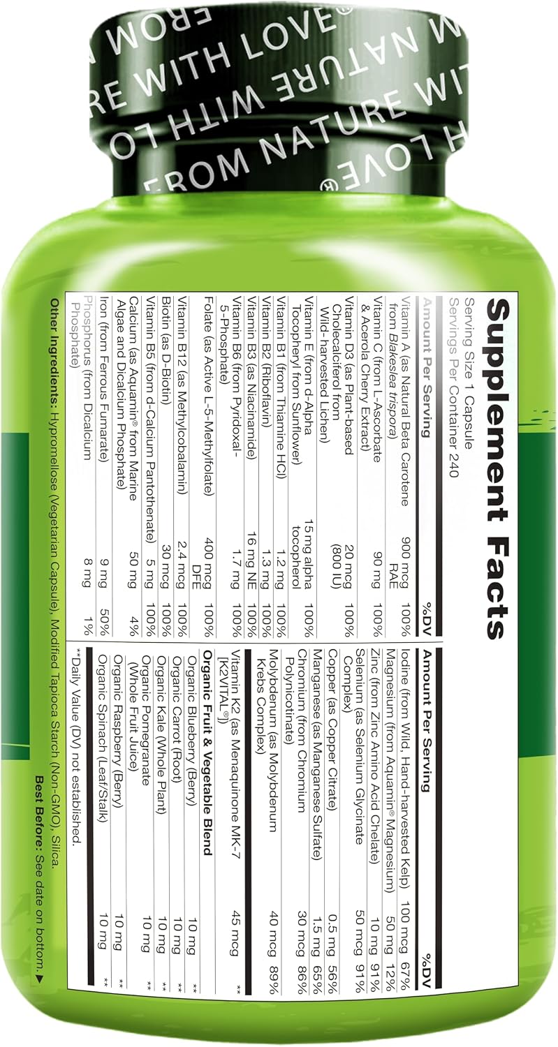 NATURELO One Daily Multivitamin for Women w/Vitamin B12, 60 Ct, Energy Support, Whole Food Daily Women Multivitamin Supplement, Nourish Hair/Skin/Nail, Non-GMO, No Soy, Gluten Free, 2 Month Supply | Energy Support, Whole Food Daily Women Multivitamin Sup…
