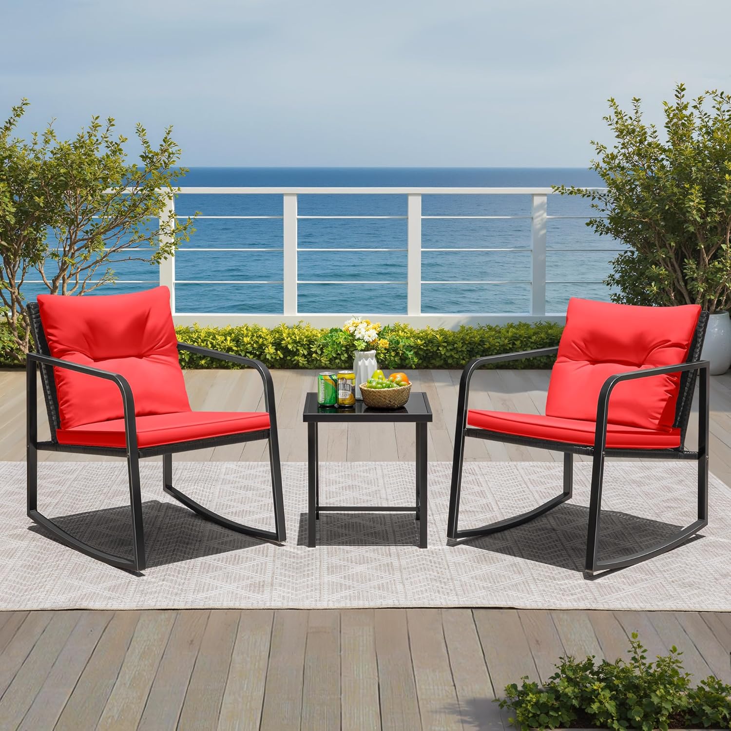Greesum 3 Pieces Rocking Wicker Bistro Set,Patio Conversation Sets,Beige