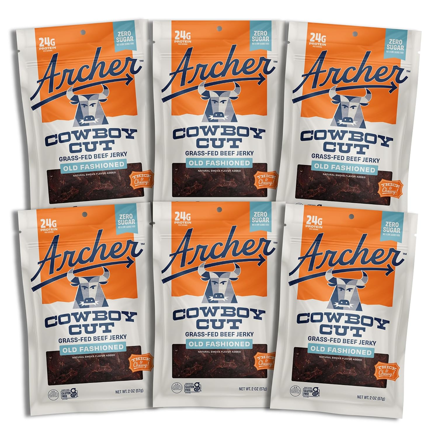 Archer Jerky Cowboy Cut Beef Jerky, Old Fashioned, Zero Sugar- 2 Oz, 6 Pack