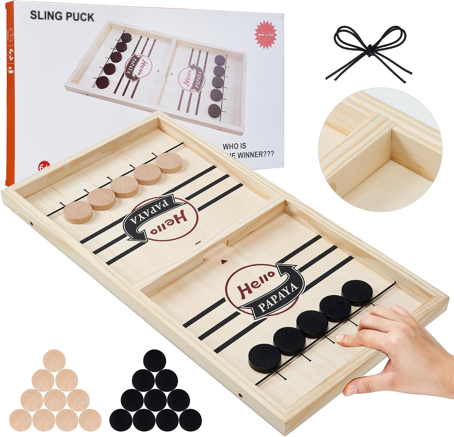 HELLO PAPAYA Fast Sling Puck Game - Test Your Speed and Accuracy with This Fast-Paced Wooden Air Hockey Desktop Battle Board Game - Guaranteed Fun