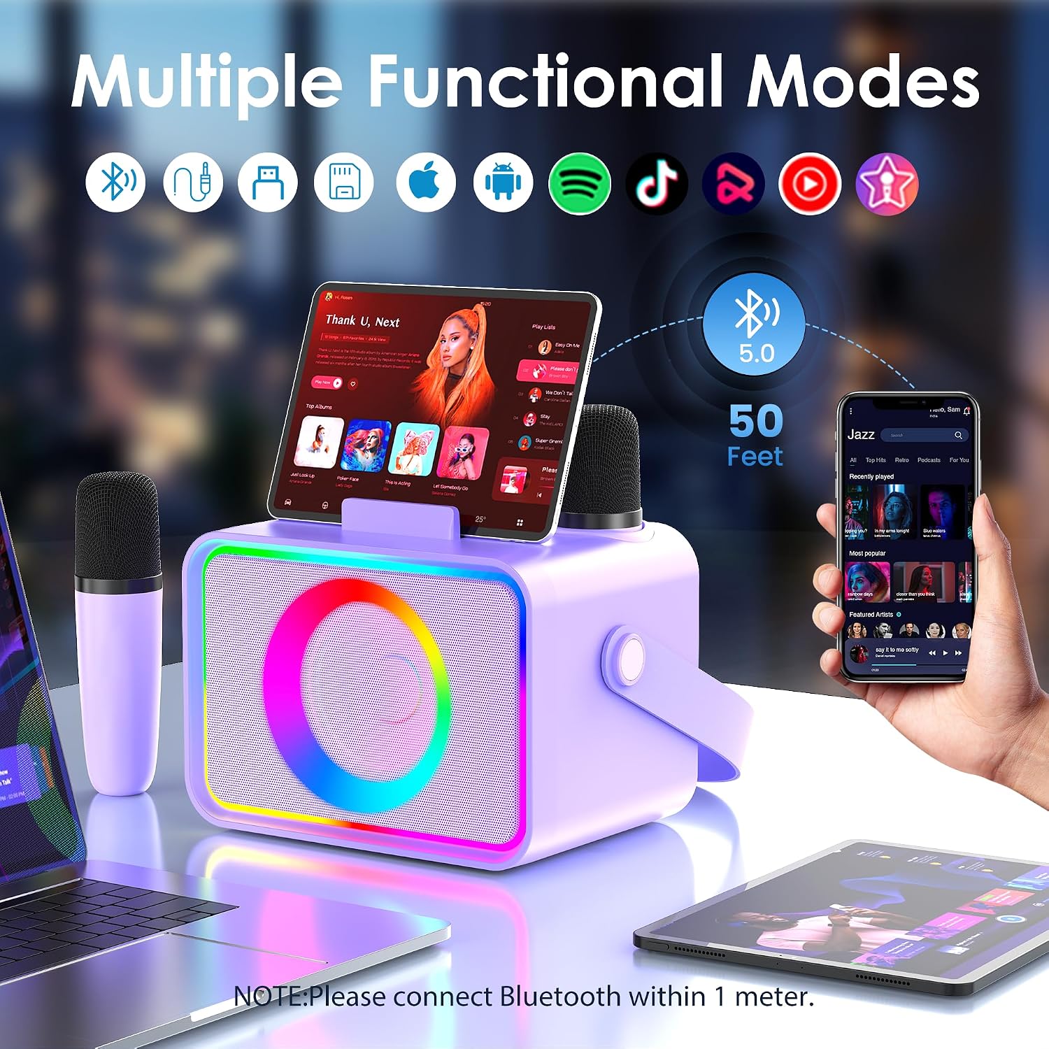 Karaoke Machine for Kids Adults,Portable Bluetooth Speaker with 2 Wireless Microphone with LED Lights, Karaoke Microphone with PA System Supports USB/TF/AUX,Gift for Party (Black)
