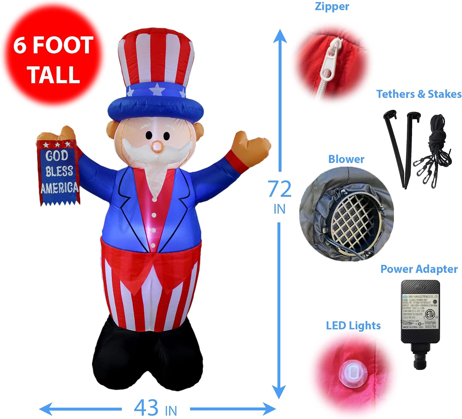 6 Foot Tall Patriotic Independence Day 4th of July Inflatable Uncle Sam | God Bless America Flag, Pre-Lit LED Lights, Outdoor Indoor
