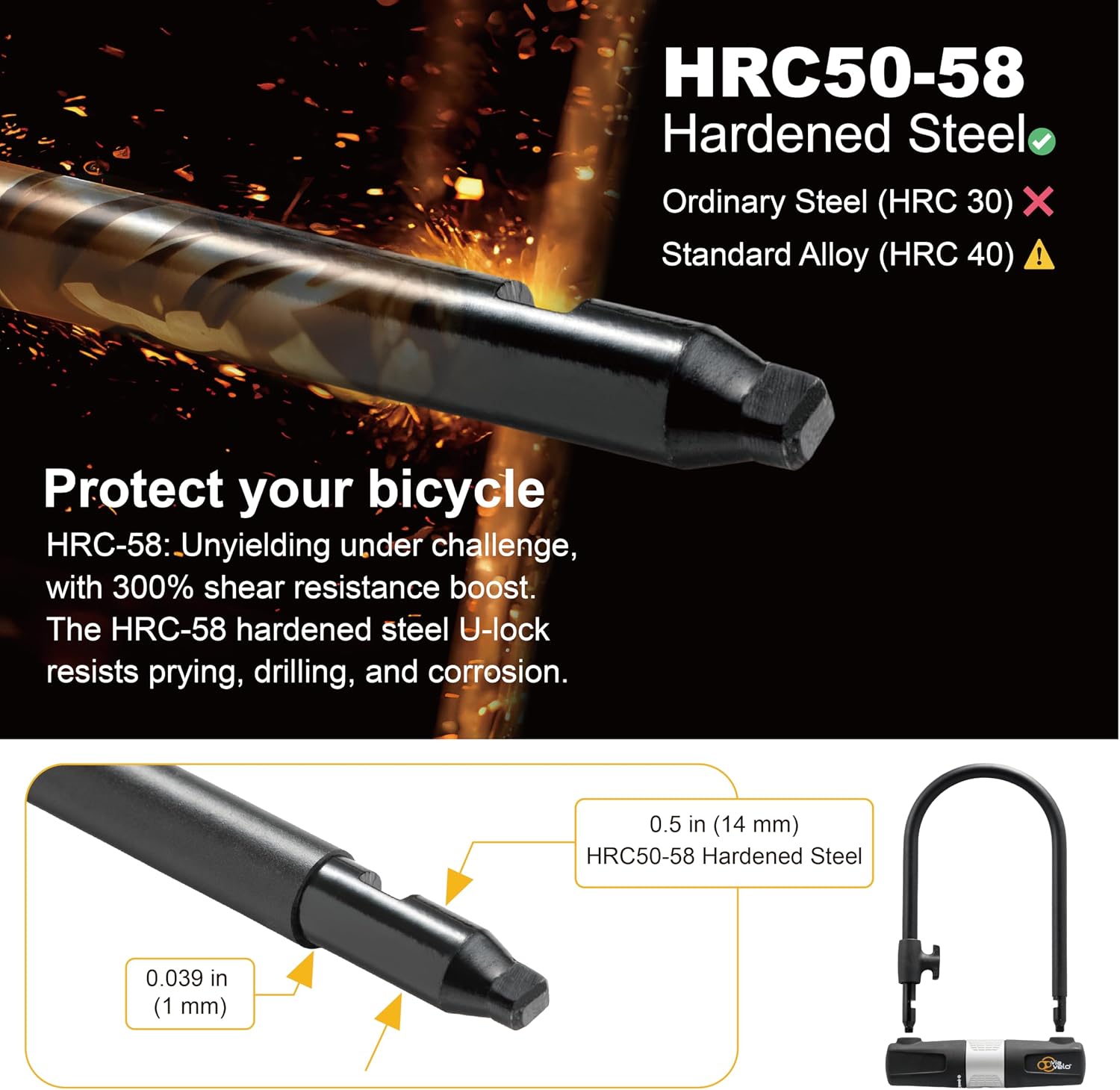 Bike U Lock with Cable - Via Velo Heavy Duty Bicycle U-Lock,14mm Shackle and 10mm x1.8m Cable with Mounting Bracket for Road, Mountain, Electric & Folding Bike