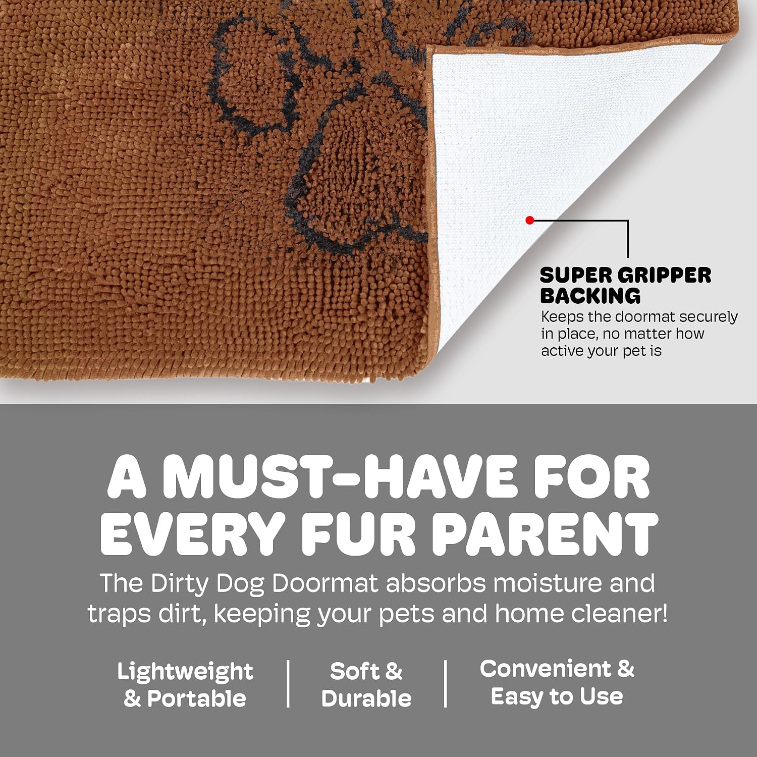 Dog Gone Smart Dirty Dog Doormat - Fast Drying Rug with Super Gripper Backing for Clean Floors - Super Absorbent and Machine Washable Mat for Muddy Paws - Grey