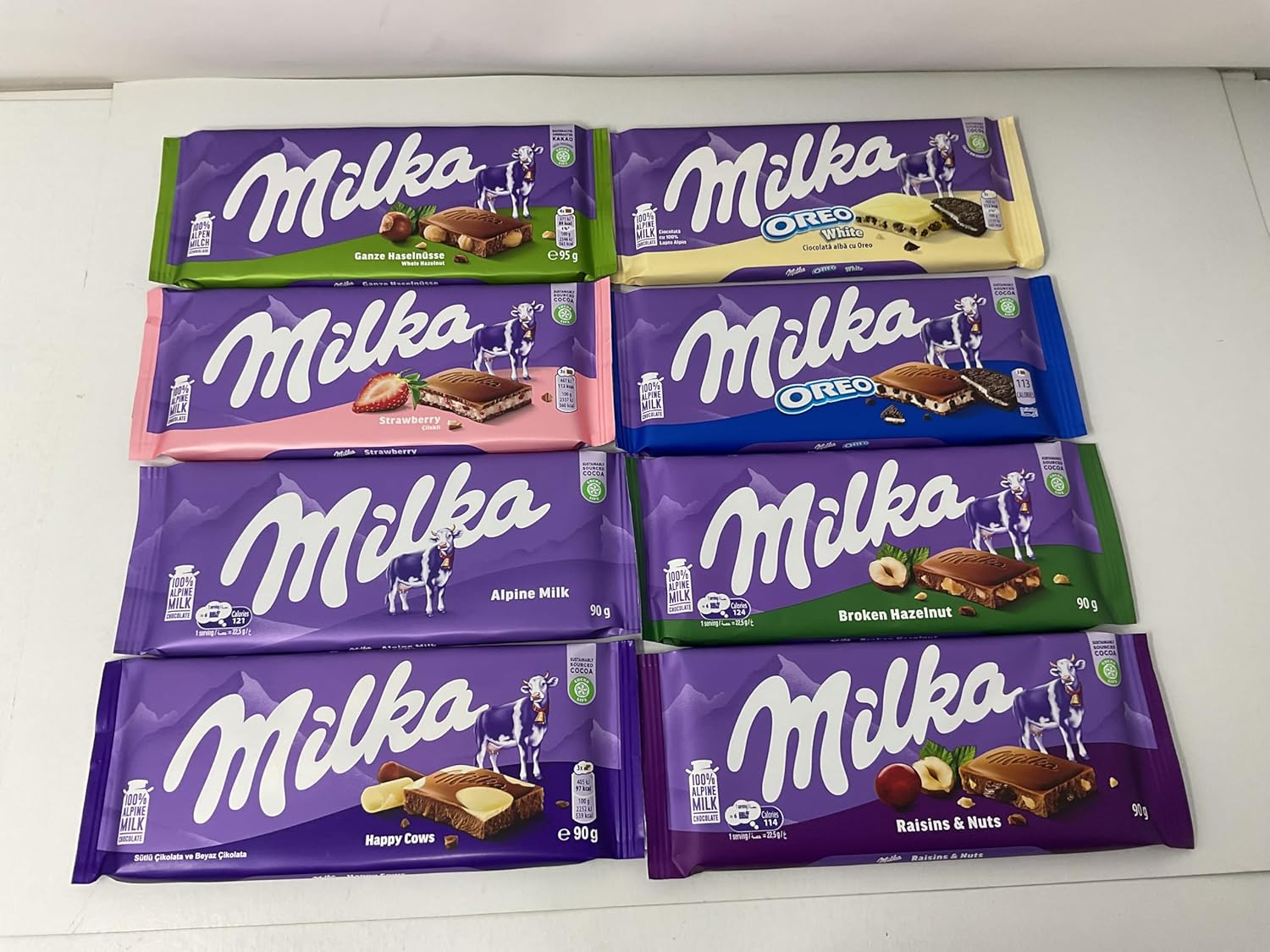 Milka European Chocolate Bars Variety Pack of 8 Full Size Bars, No Duplicate Chocolate