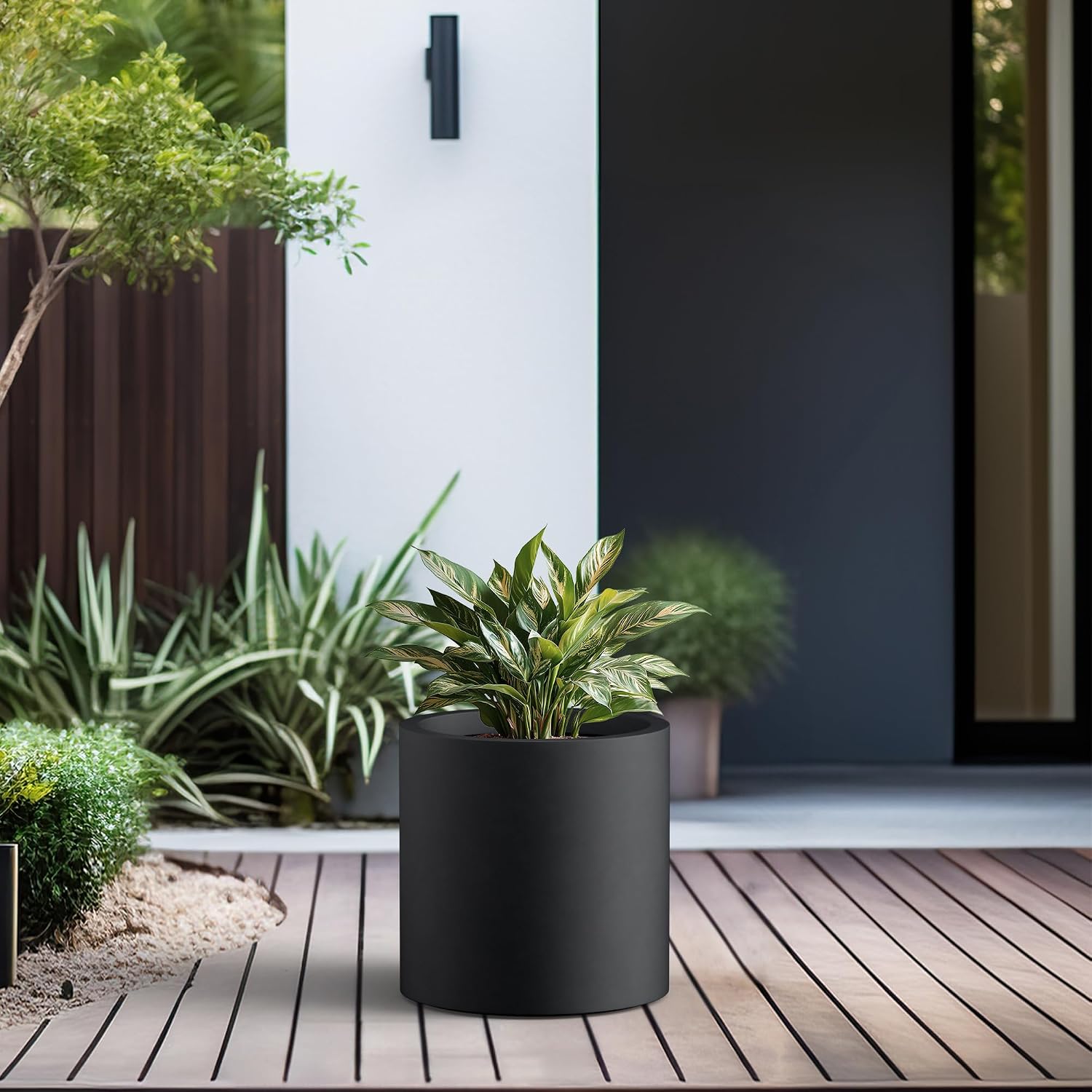 Kante Large Round Cylinder Charcoal Concrete Planter 15.8" Tall, Outdoor