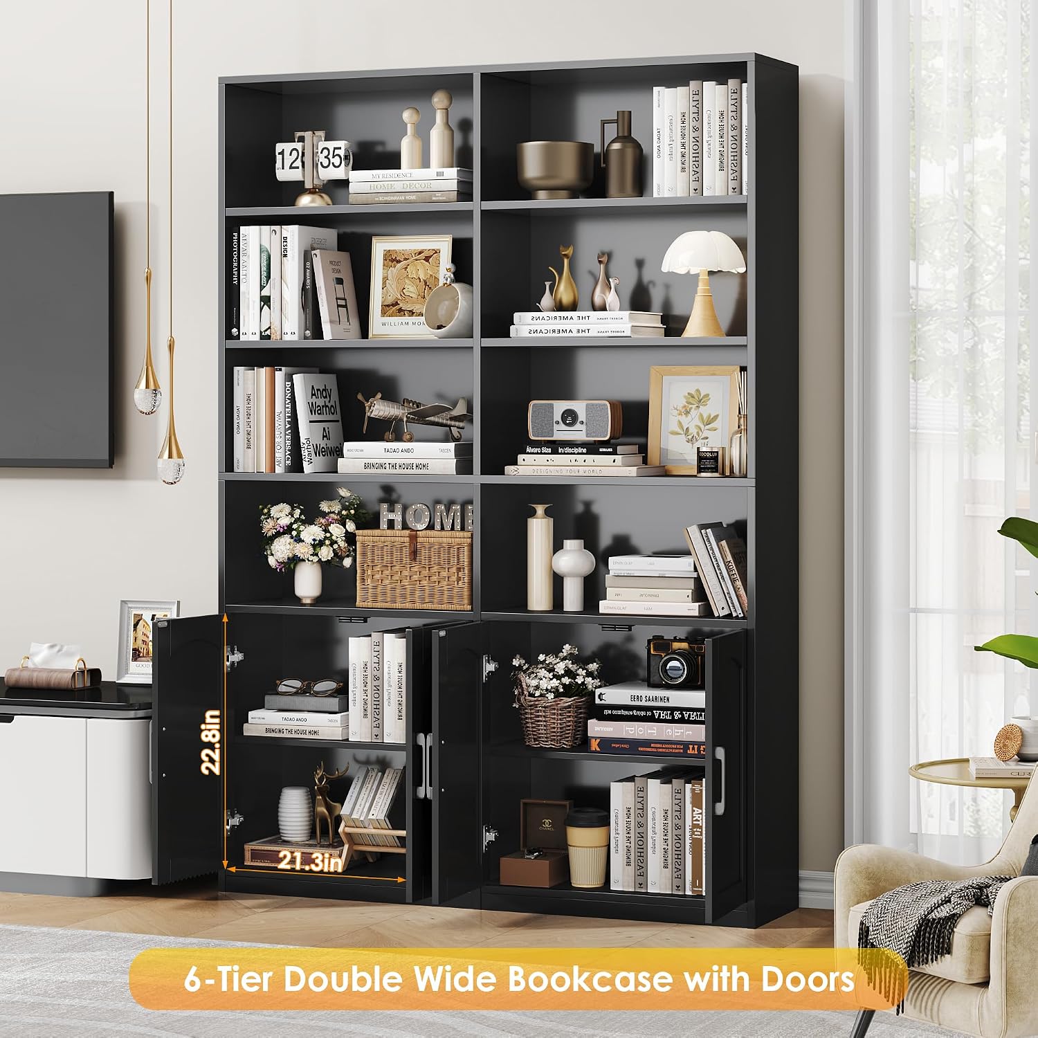 Bookshelf and Bookcase with Doors, Double Wide Large Bookshelves | Industrial Open Display Shelves 6 Tier, 73'' Tall Bookshelf with Storage Cabinets for Office,Home, Living Room, Library,White