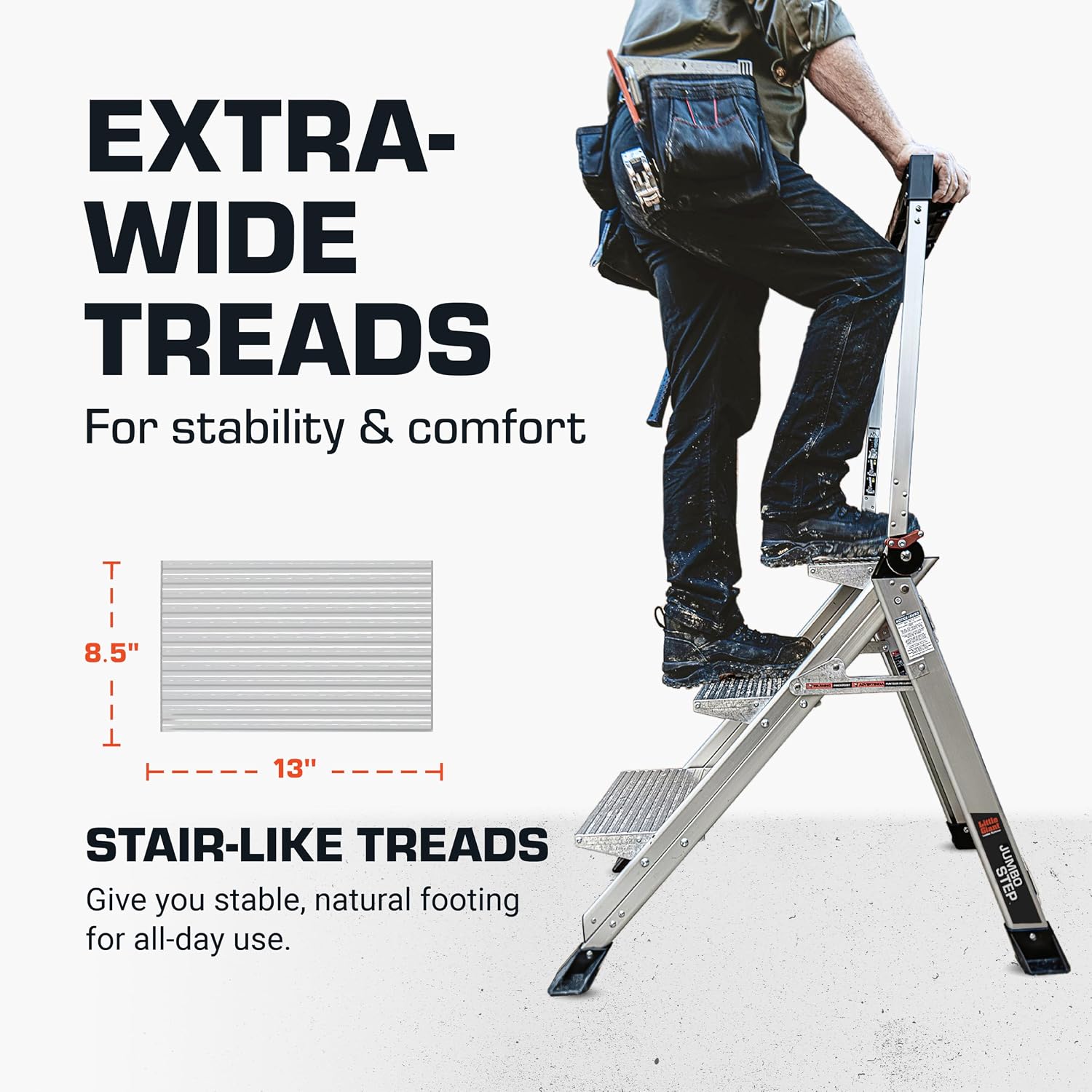 Little Giant Jumbo Step 3-Step Foldable 2.2 ft Aluminum Stool, 11903 | Foldable Aluminum Step Stool, Extra-Wide Stair-Like Treads, Rotating Handrail, Tool Tray, 375 lbs. Weight Capacity