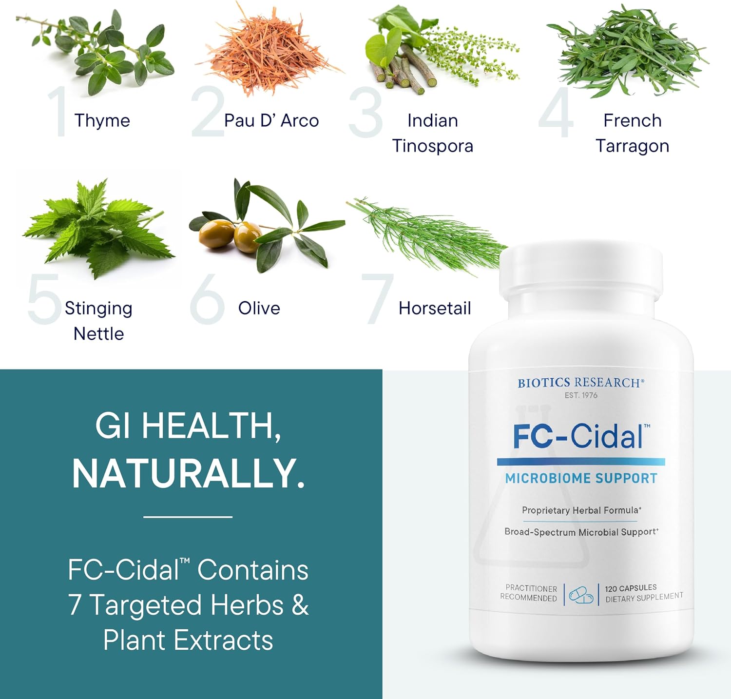BIOTICS RESEARCH FC Cidal™ Herbal Blend Complete GI Gut Health for Women & Men- 500 mg/Serving - 7 Herbs Proprietary Blend Supplement Supports
