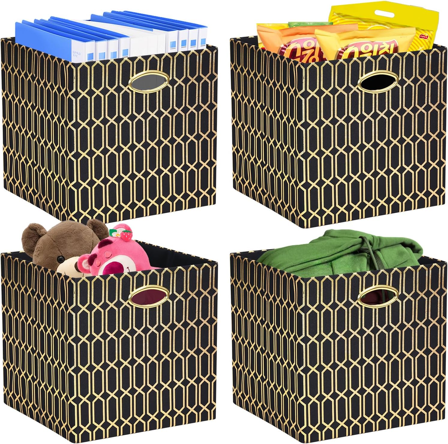 Posprica Storage Bins, Storage Cubes,13×13 Fabric Drawers Organizer Basket Boxes Containers (13×13×13/4pcs, Cream/gold geometry Pattern)