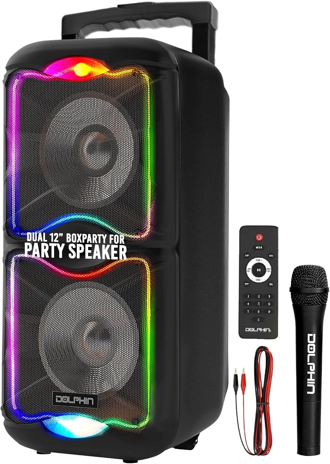 DolphinLarge Bluetooth Party Speaker, Dual 12" Woofers | 3600W Output, WaveSync Pairing, 5-Band EQ, USB, SD, TF, FM & AUX Inputs
