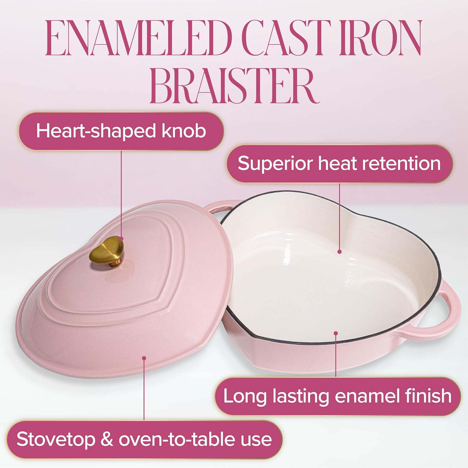 Paris Hilton Enameled Cast Iron Dutch Oven Pot with Lid, Heart-Shaped Dutch Oven, Durable Cast Iron Pot with Dual Handles, Oven Safe to 500°F, Works on All Stovetops, 2-Quart, Cream