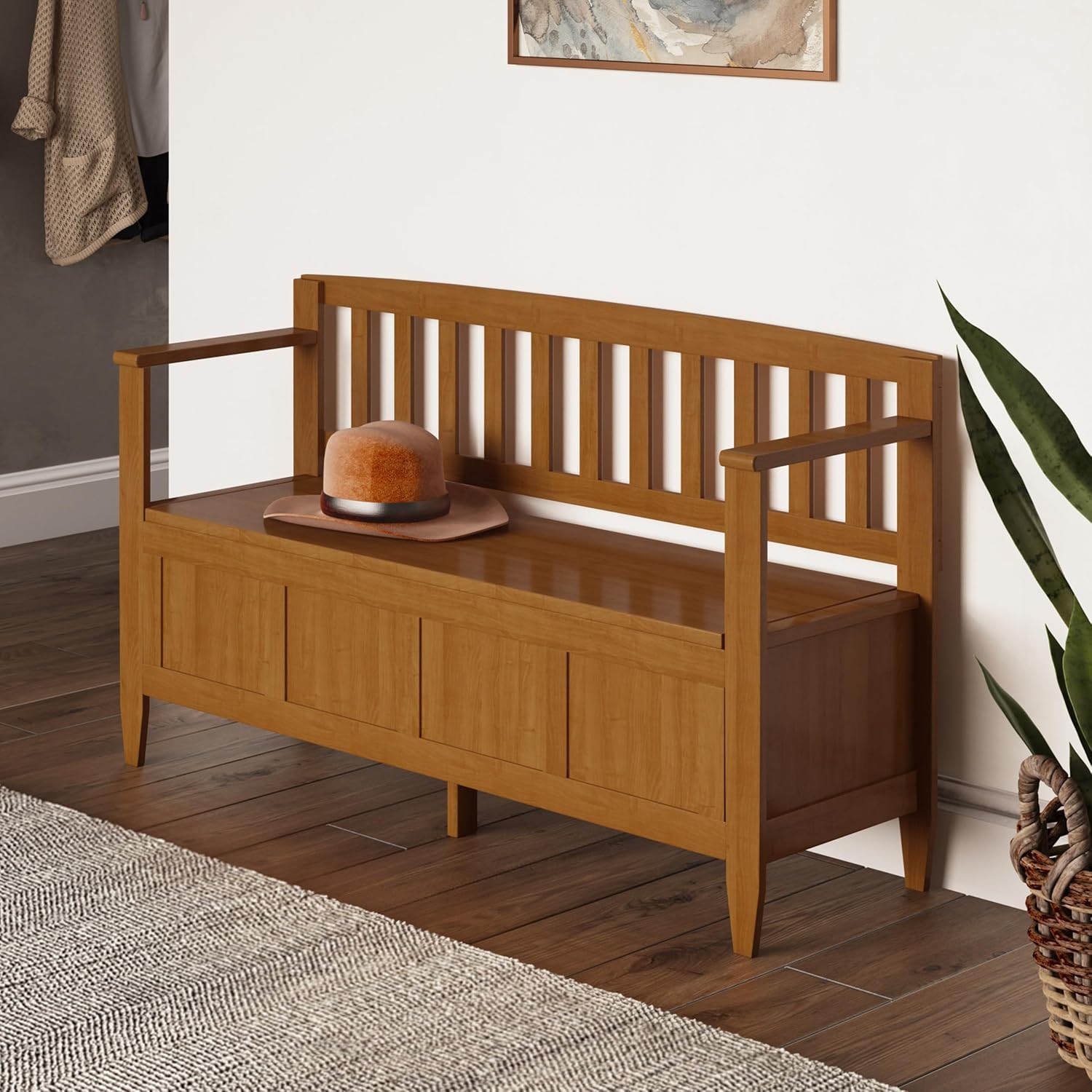 SIMPLIHOME Connaught 30" Wide Solid Wood Storage Bench in Chestnut Brown | Contemporary entryway bench with lift-up lid and hidden storage; mudroom, hallway, foyer, or shoe bench.