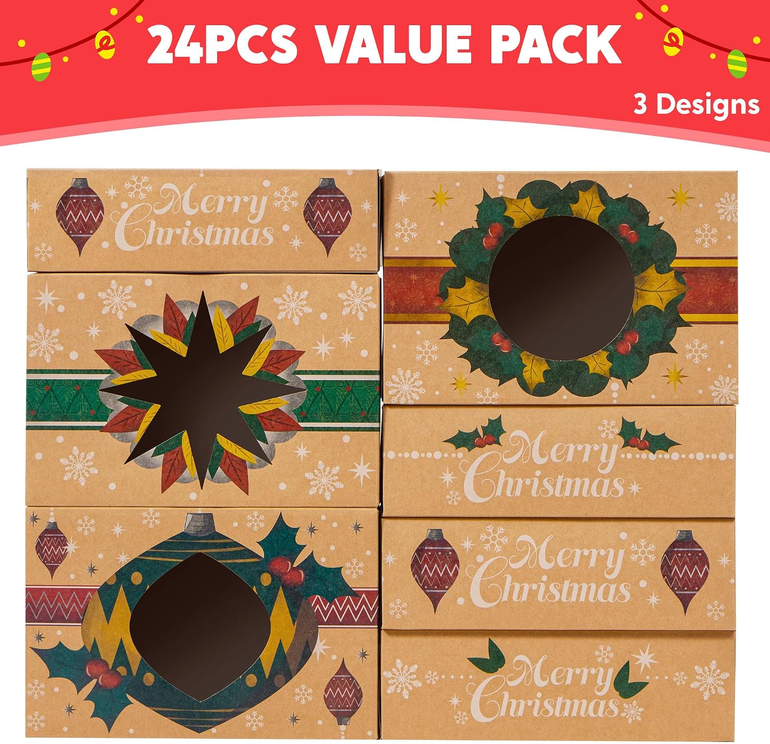 JOYIN 24PCS Christmas Cookie Boxes for Gift Giving, 8.75" x 5.75" x 2.75" Xmas Holiday Bakery Treat Boxes with Window