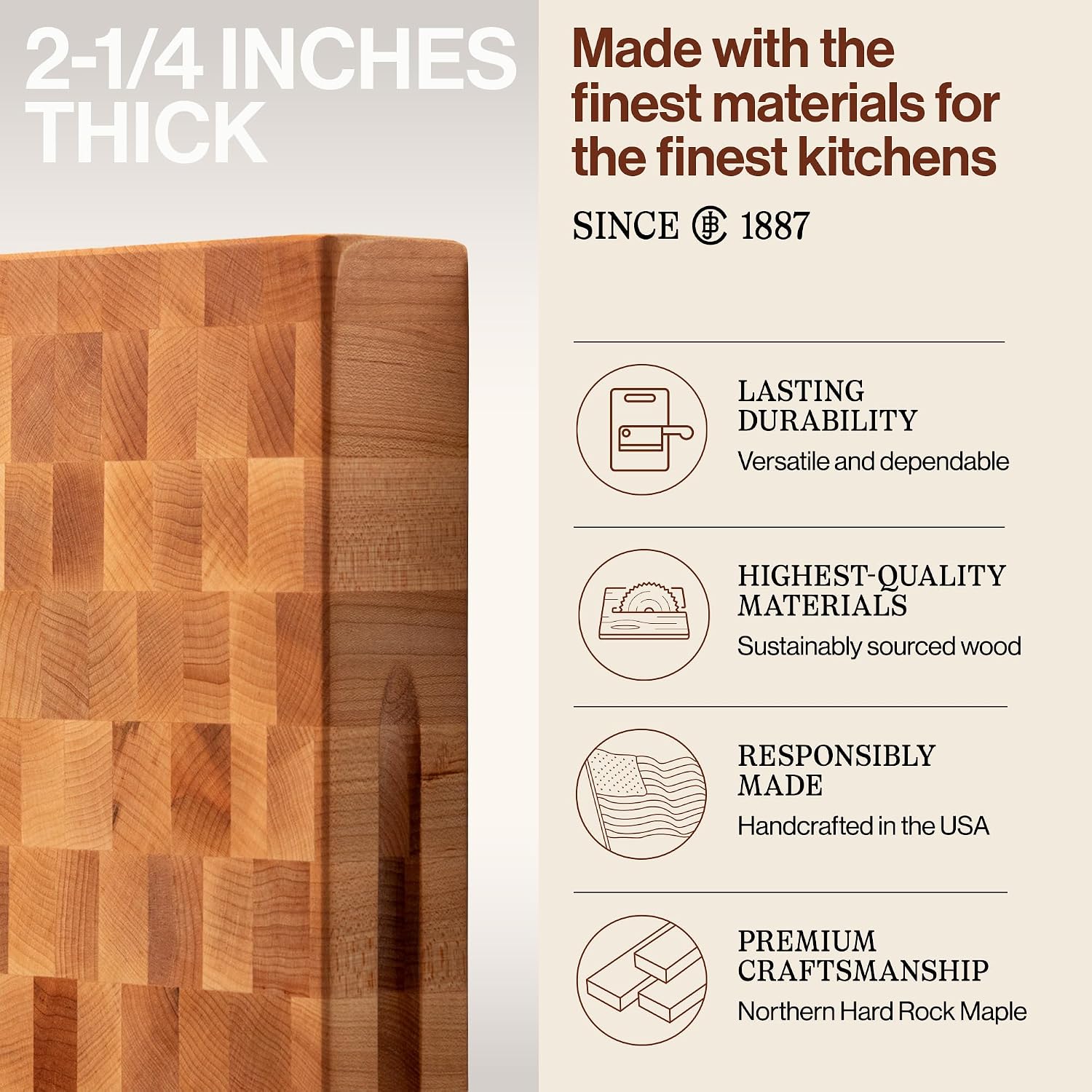 John Boos CCB Series Square Wooden Maple Cutting Board 18”x18” – 2.25” Thick, 22-lb Reversible Butcher Block with End-Grain & Finger Grips – Made in the USA