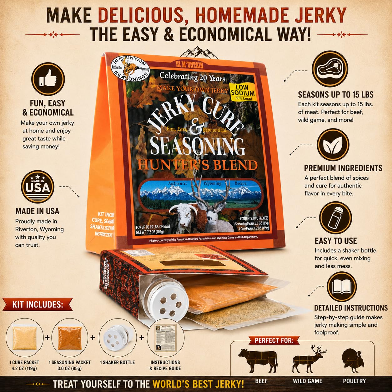 Hi Mountain HUNTERS BLEND Jerky Seasoning and Cure Kit | Low Sodium | Savory hunter-style flavor, perfect beef jerky seasoning for deer, elk, & venison. Smoker, dehydrator, or oven. Makes 15 lbs