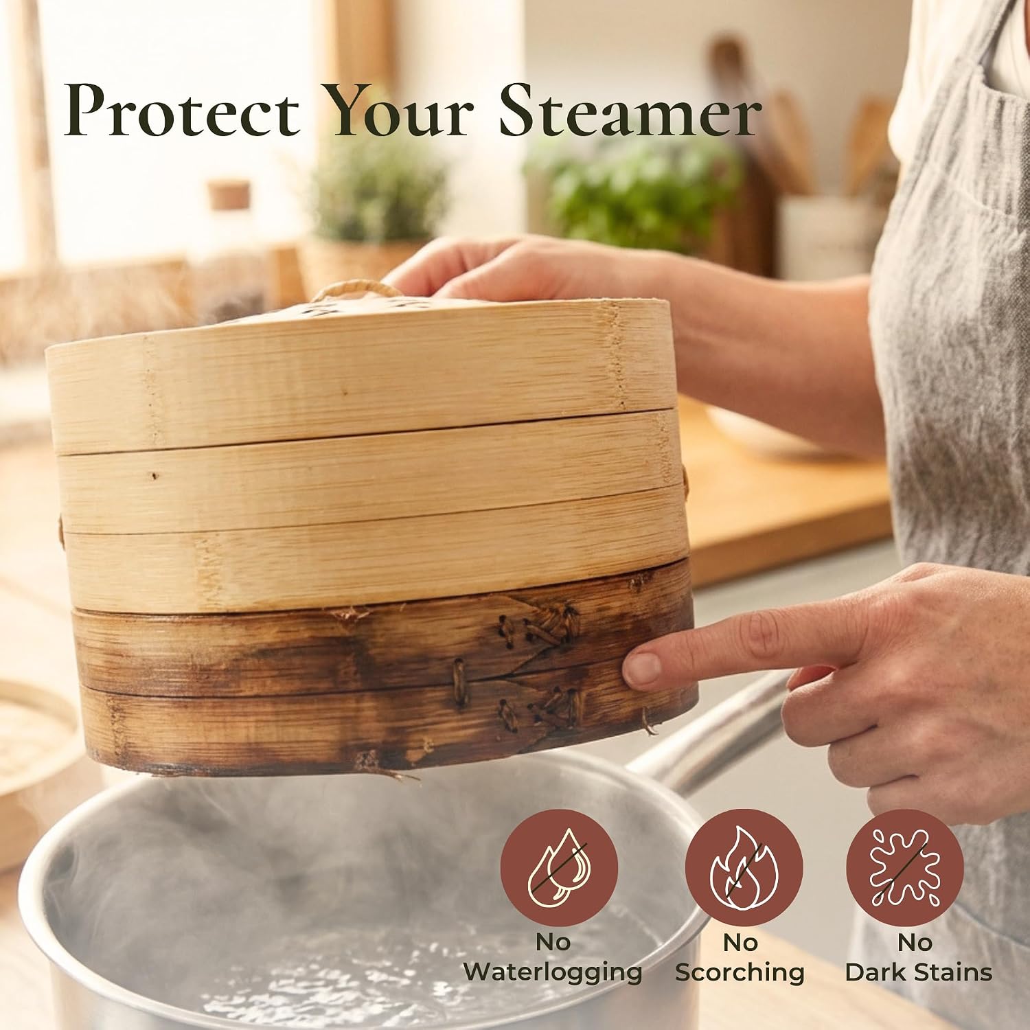 HAPPI STUDIO Bamboo Steamer Basket 10 Inch, Extra Deep Dumpling Steamer Set