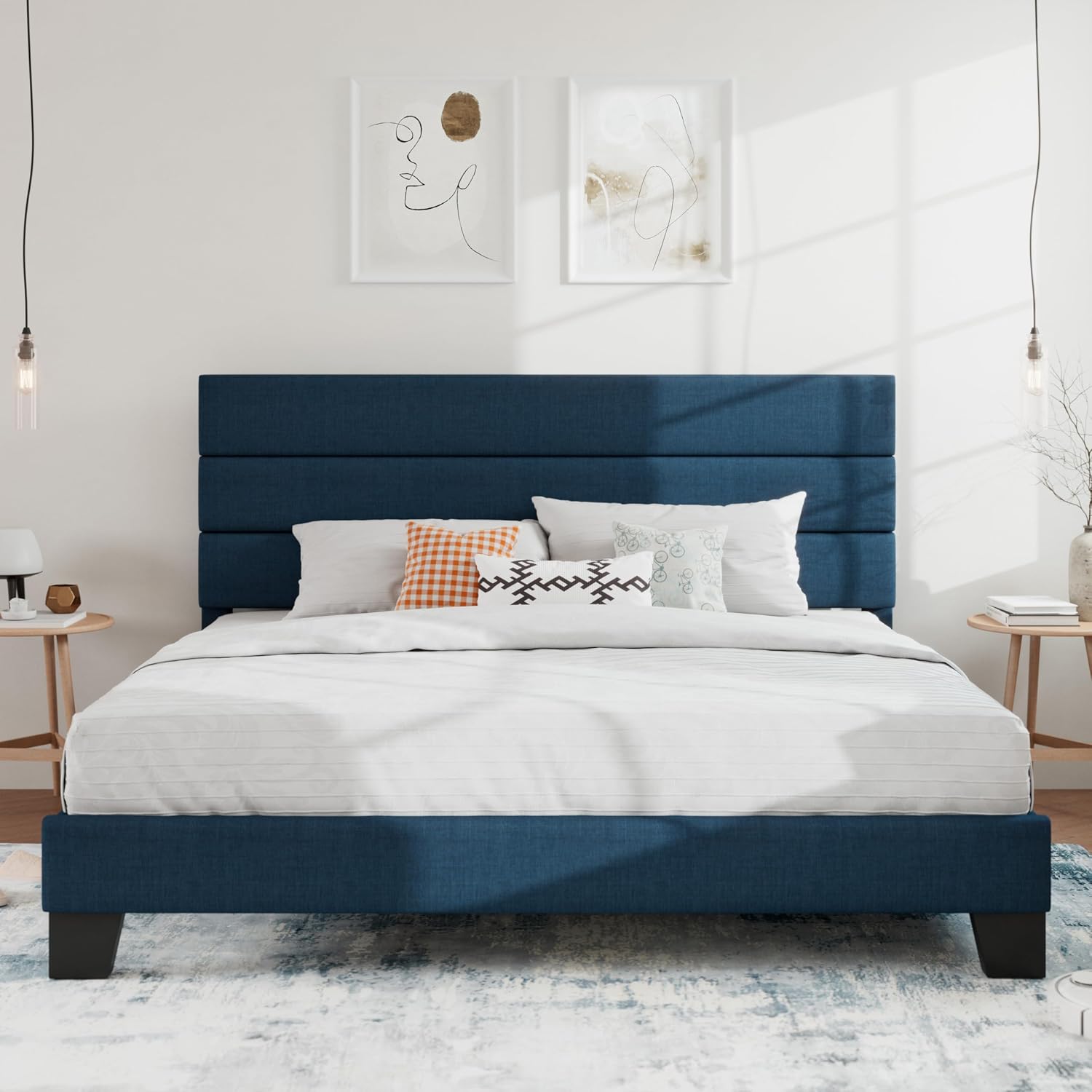 SHA CERLIN Full Platform Bed Frame with Upholstered Fabric Headboard, Grey