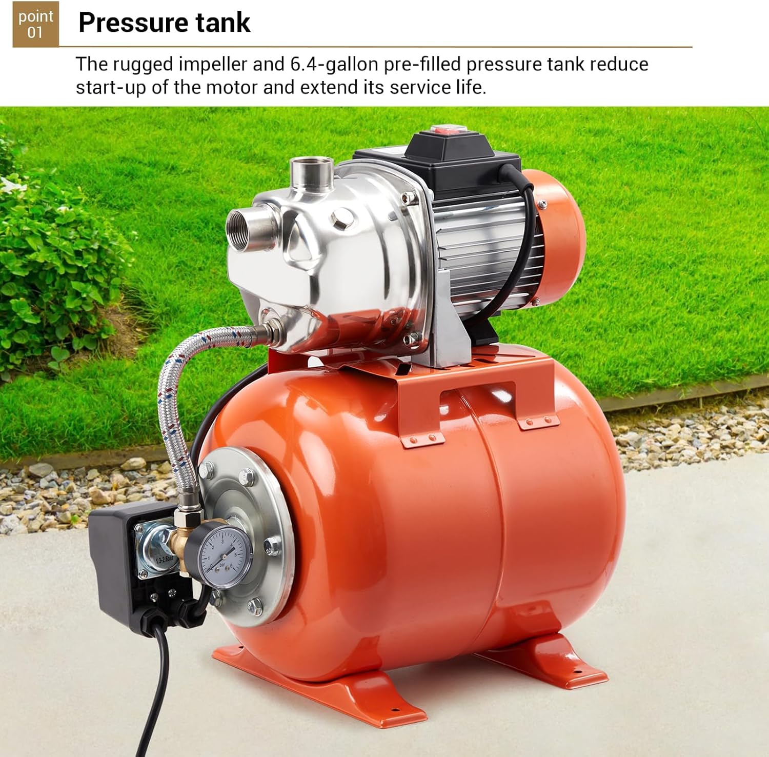 1HP Stainless Steel Water Transfer Pump with Well Pressure Tank – Shallow Well Pump & Irrigation Pump Combo, 130ft Max Lift, 20ft Suction Lift, Automatic Pressure Switch for Farm Use