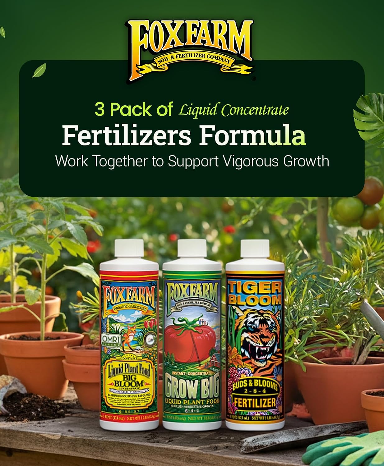 FoxFarm Soil Liquid Trio Pack - Big Bloom, Grow Big, Tiger Bloom Fertilizers Supports Vigorous Plant Growth, Bud Development & Abundant Fruit - Complete Liquid Plant Food Set - 3 Pint Bottles