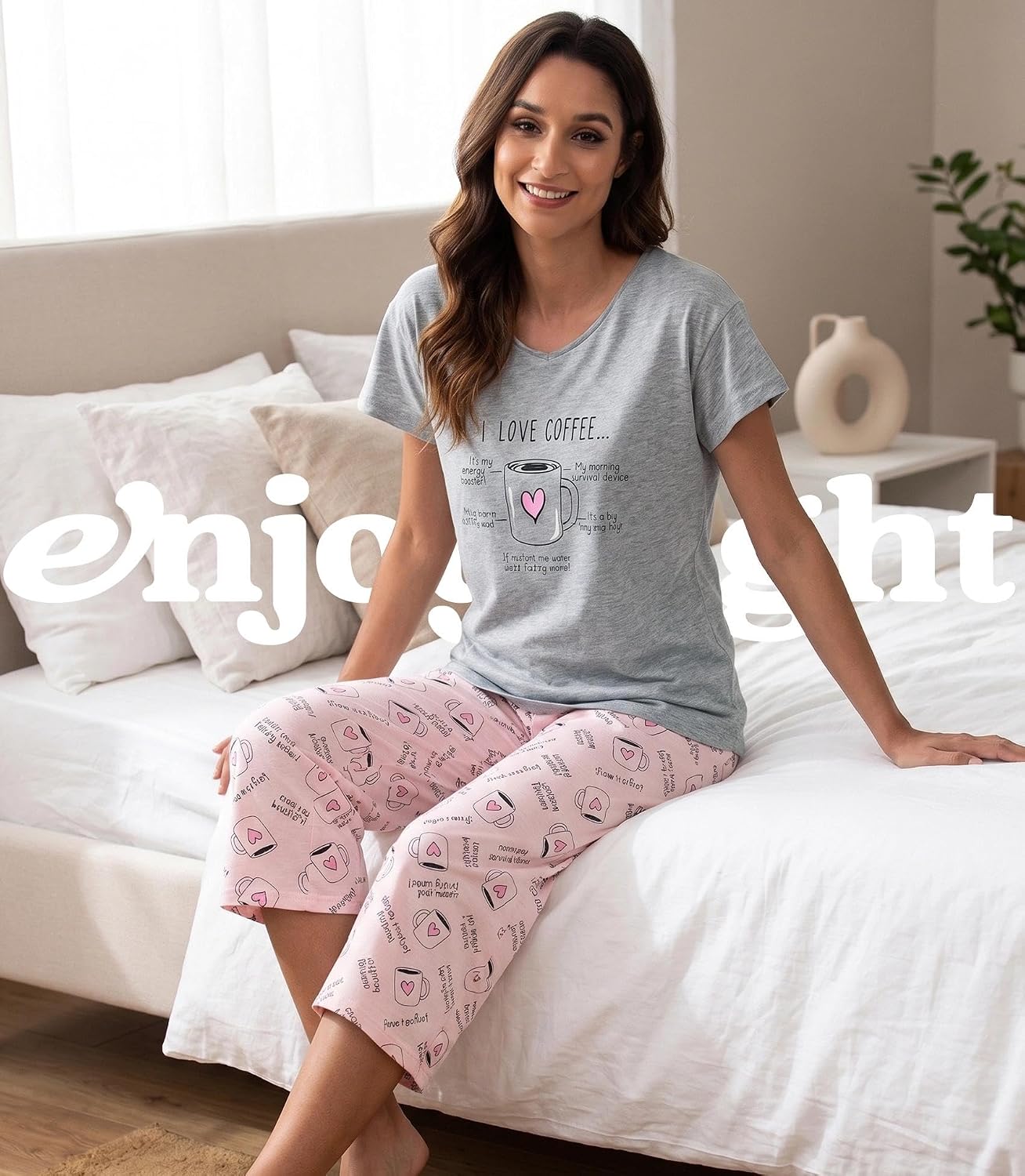 ENJOYNIGHT Womens Pajama Set Cotton Short Sleeve Top With Capri Pants Pj