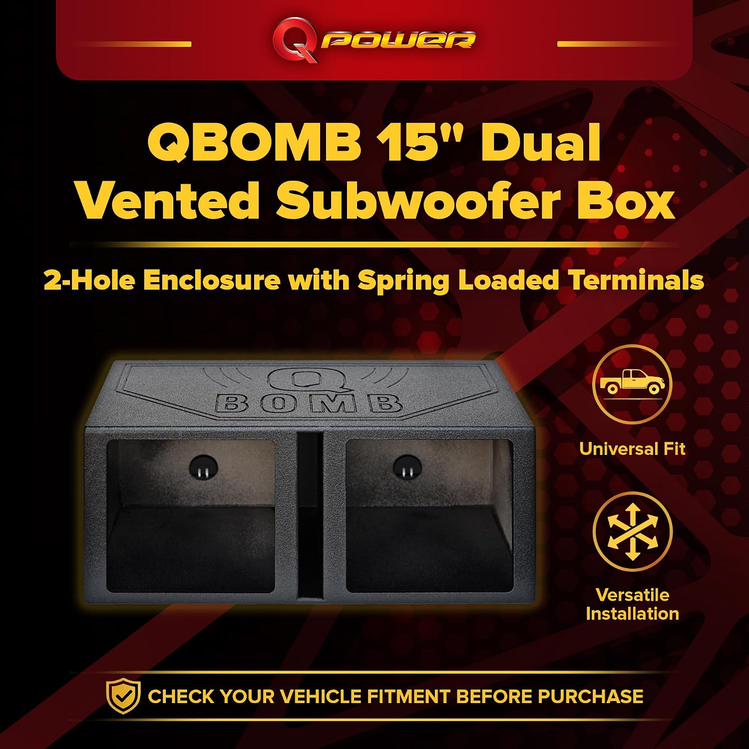 QPower QBOMB15VSQ QBOMB 15 Inch Center Vented Dual Ported Subwoofer Enclosure Speaker Box for Car Audio Sound Systems, Square