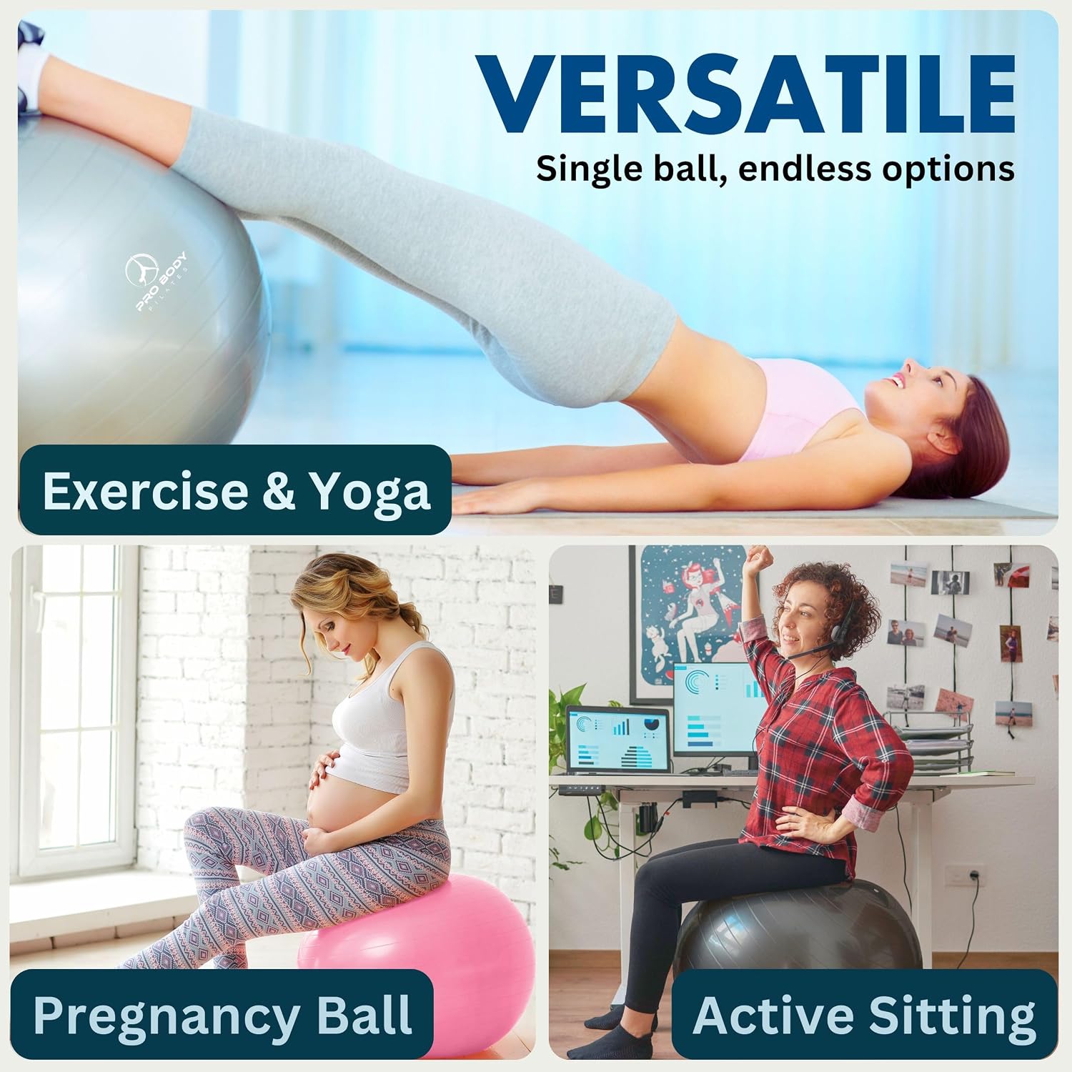 ProBody Pilates Yoga Ball - Gym Grade Exercise Ball | Sizes 45/55/65/75/85 cm, 880 lb Load, CA 10P Cert, PT & Prenatal Use, Recommended by OBs, Pump
