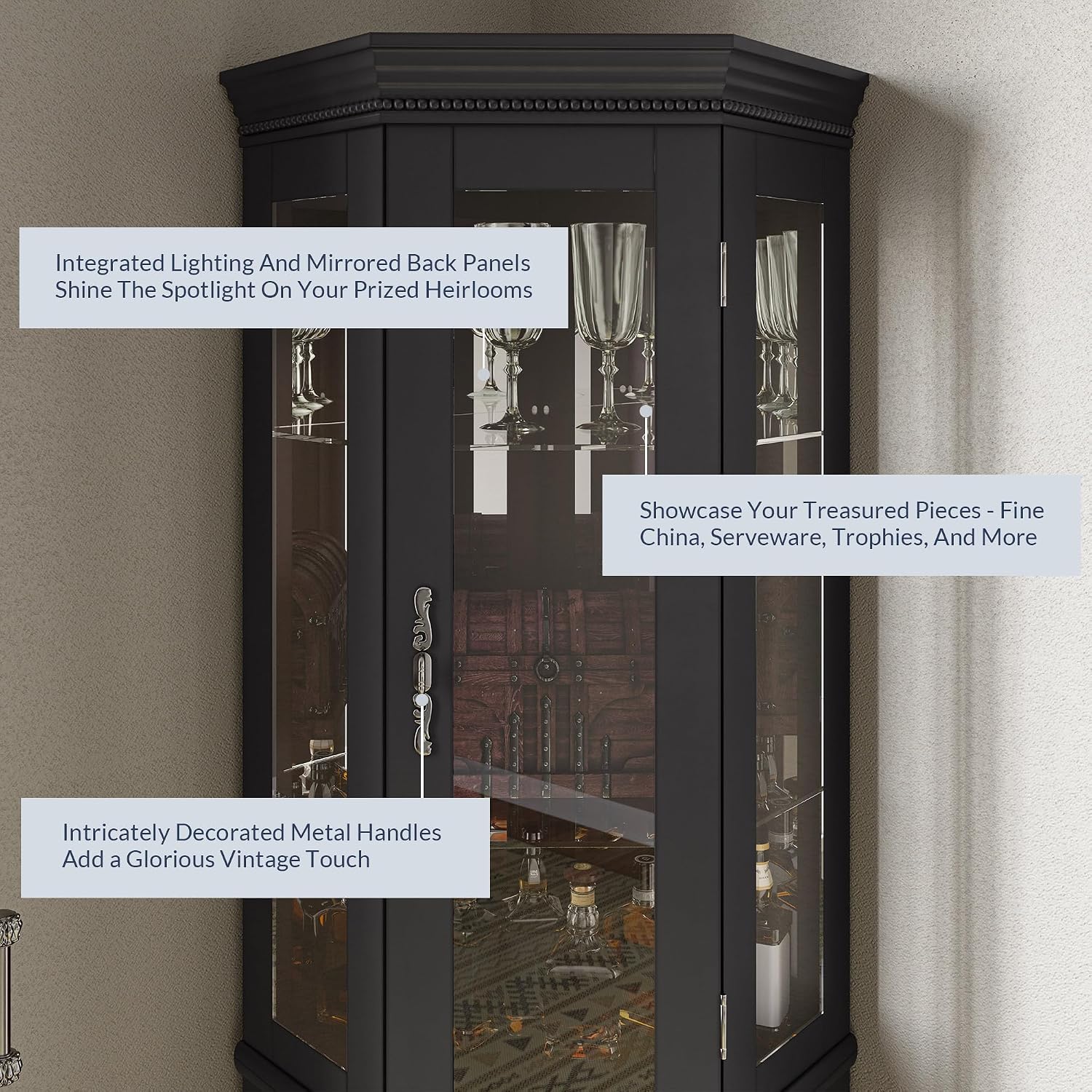BELLEZE Lighted Wooden Corner Display Curio Cabinet, Two Section Shelving Unit with Tempered Glass Door