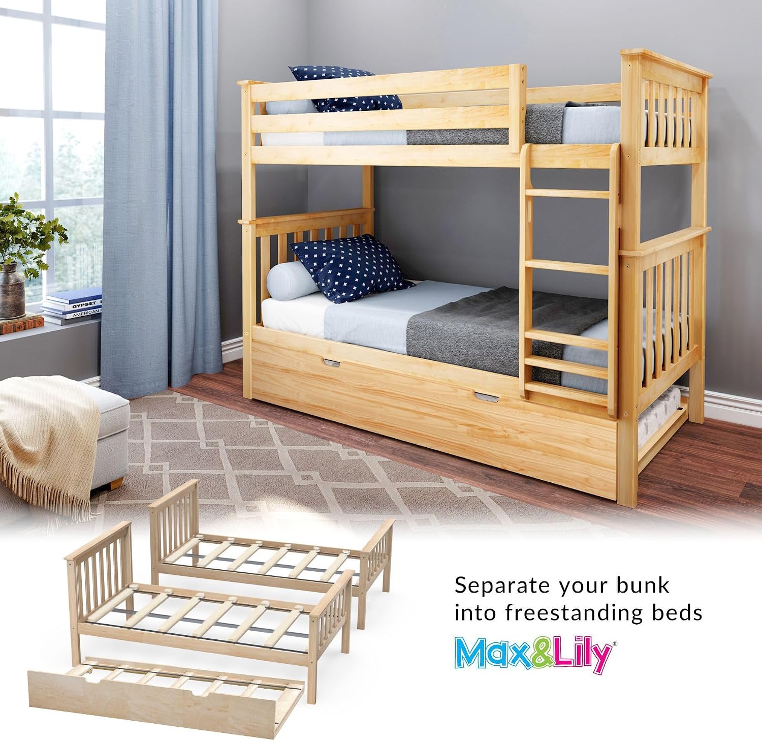 Max & Lily Bunk Bed Twin over Twin, Solid Wood Bunk Bed Frame with Ladder for Kids, 14" Safety Guardrails, Easy Assembly, No Box Spring Needed, White