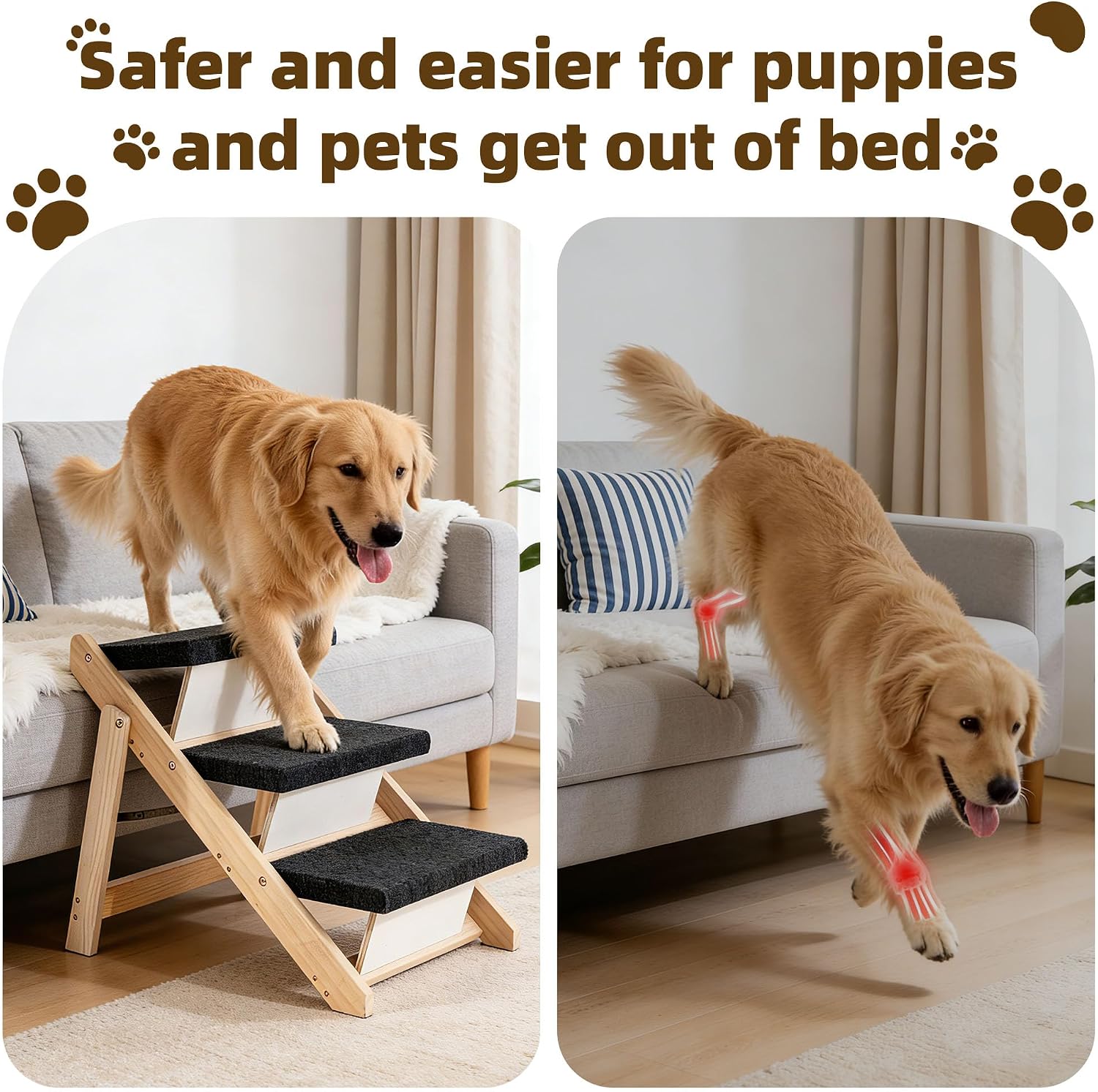 MEWANG Wood Pet Stairs & Ramp for Small/Medium Dogs & Cats, Aging Pets – 2-in-1 Foldable, Portable, Non-Slip Pet Ladder for Tall Beds, Couches