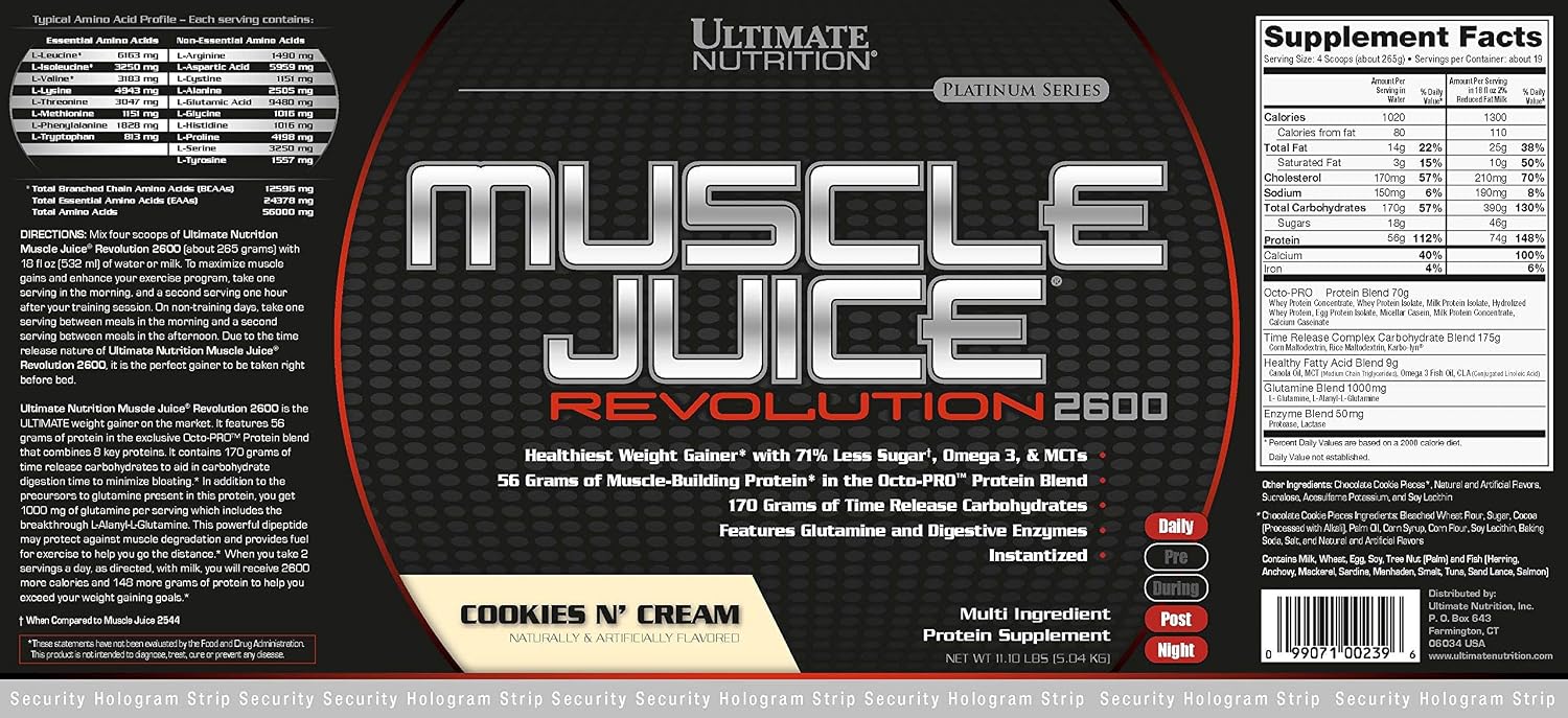 Ultimate Nutrition Muscle Juice Revolution 2600 Weight Gainer, Muscle Recovery with Glutamine, Micellar Casein and Time Release Complex Carbohydrates, Banana Protein Powder, 4.69 Pounds | 70g Octo-PRO™ Protein Blend, 175g Time-Release Carbs, 1000mg Gluta…