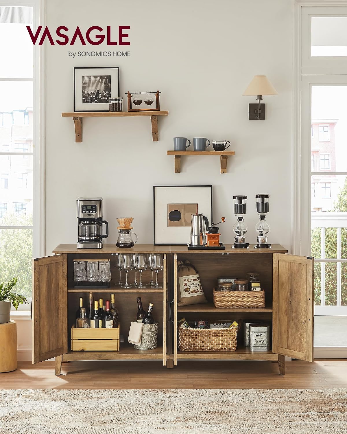 VASAGLE LIRY Collection - Storage Cabinet, Buffet Cabinet, Sideboard, Credenza, with Adjustable Shelves, for Entryway, Rustic White and Honey Brown ULSC381W01