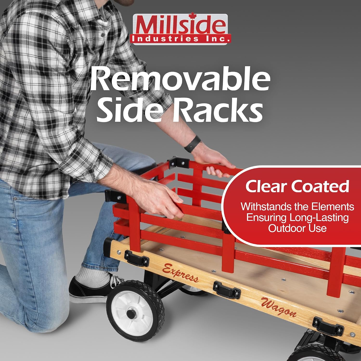Millside Convertible Wood Wagon Cart with 4 Flat-Free Tires and Sleigh Runners for Outdoor Hauling Through Snow, Red, 16" x 34"