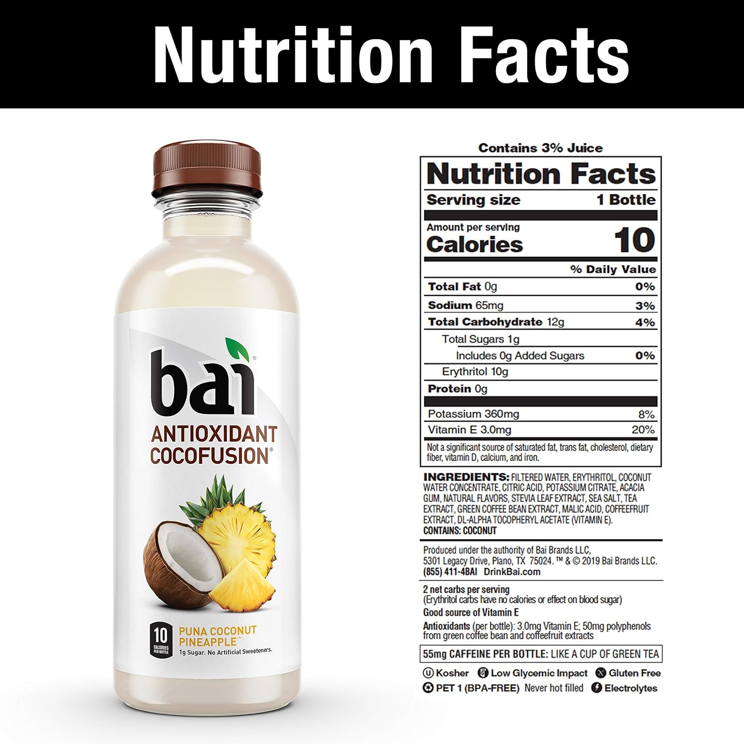Bai Coconut Flavored Water, Puna Coconut Pineapple, Antioxidant Infused Drinks, 18 Fluid Ounce Bottles, 12 Count