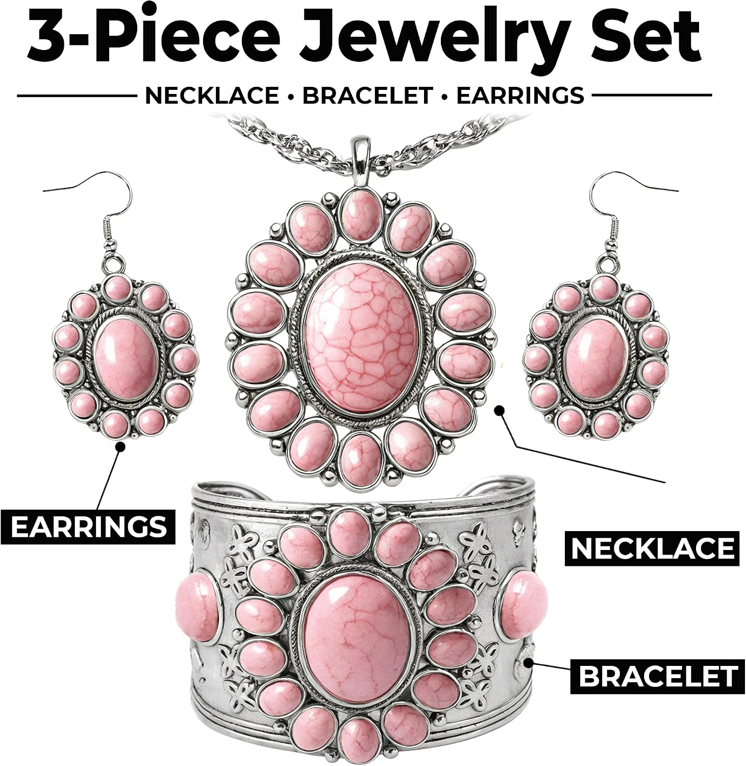 Shop LC Howlite Western Jewelry Set for Women Boho Cowgirl | 3-Piece Necklace Bracelet Earrings, Turquoise-Inspired, Chunky Statement, Southwestern