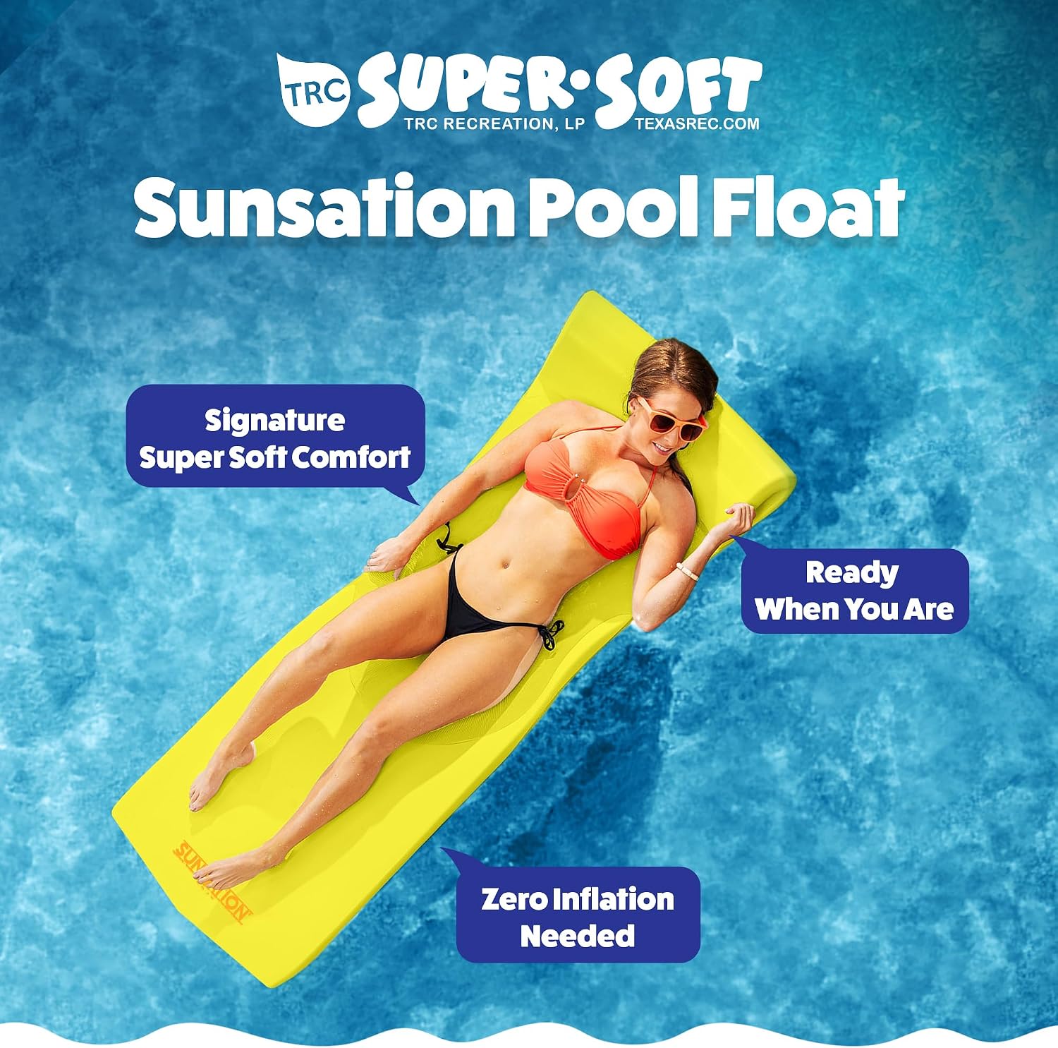TRC Recreation Sunsation 1.75" Thick Foam Pool Float Lounger w/ Headrest for Lounging & Sunbathing in Swimming Pools, Beaches & Lakes, 70" x 26