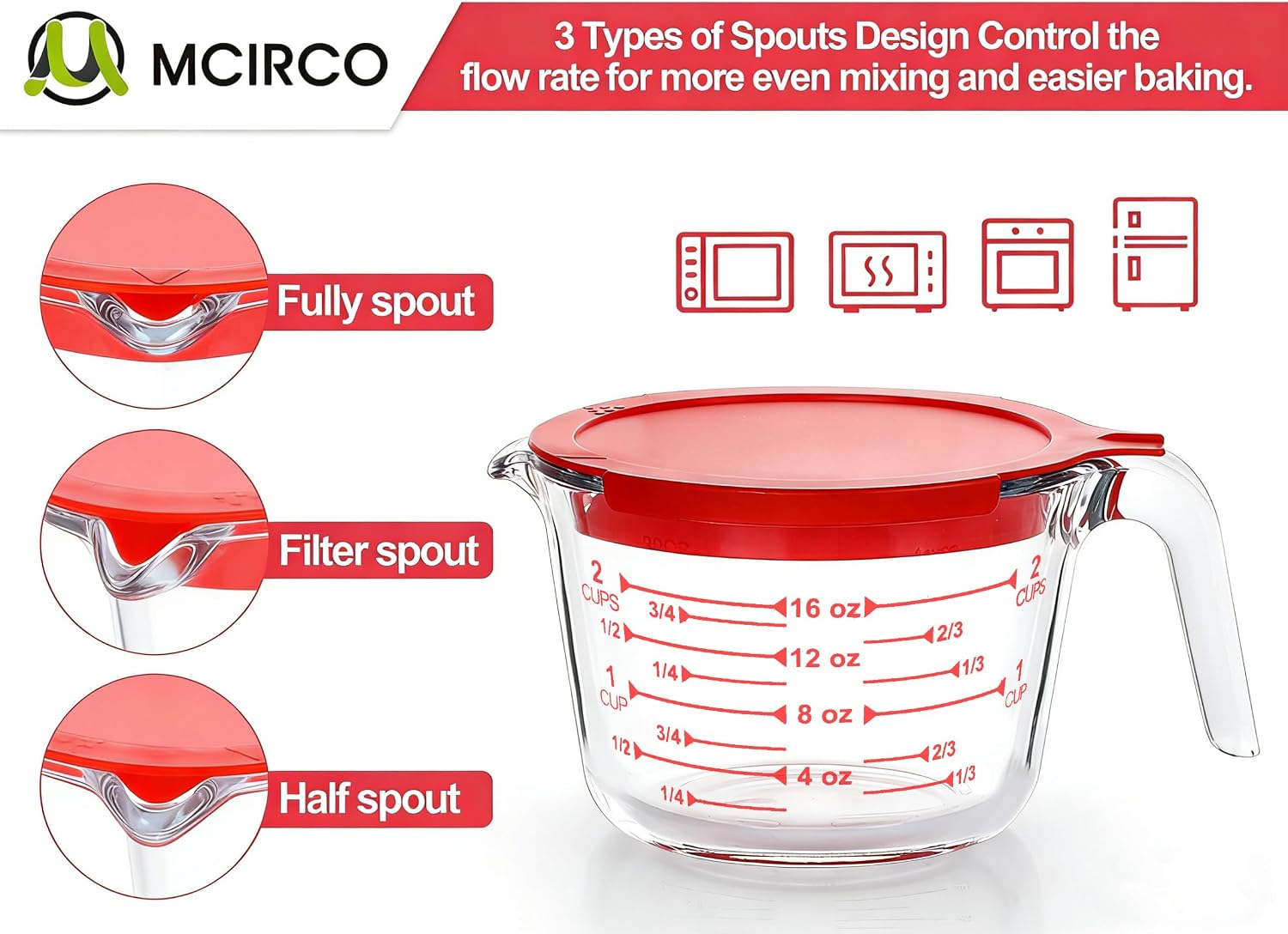 M MCIRCO 6 Pcs Glass Measuring Cups with Lids Set, 1 Cup, 2 Cup, 4 Cup | Measuring Jugs with Handle, Nesting Liquid Measuring Cups for Kitchen