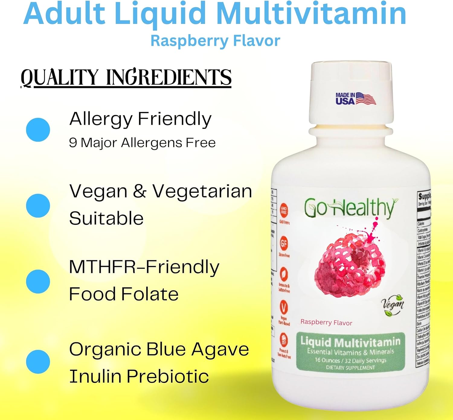 Go Healthy Liquid Multivitamin for Women, Men, Teens | Vegan Vitamin & Mineral Supplement | High Absorption | Premium Liquid Formula | Immune Support | Peach Mango Flavor | 32 Servings