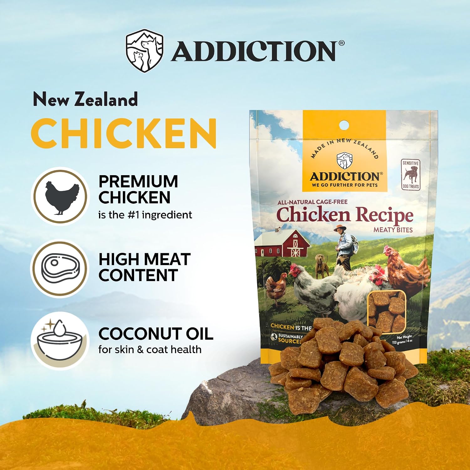 Addiction Venison Recipe Meaty Bites, All Natural Free Range Grain Free High Meat Dog Treats, 4 Oz.