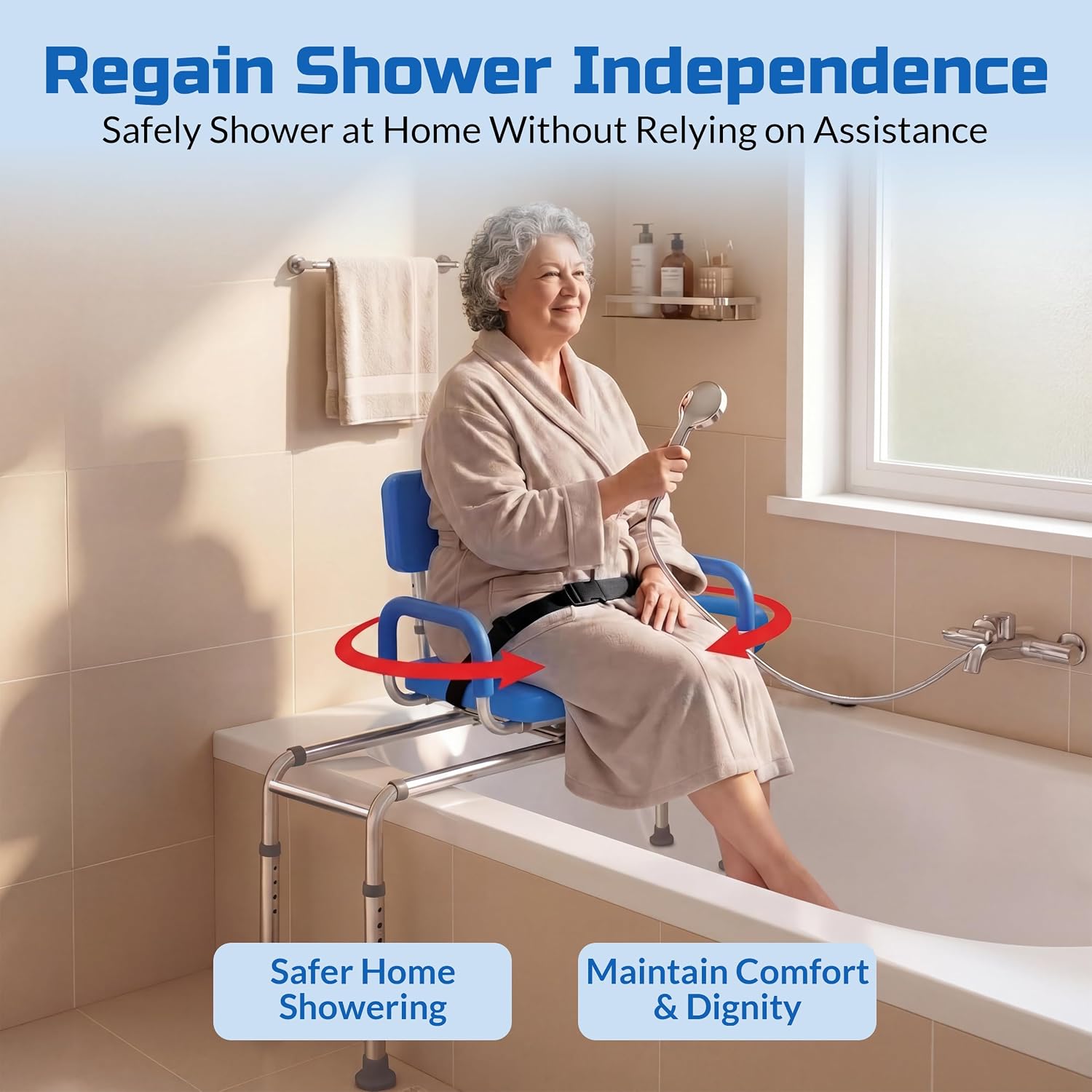 Carousel Sliding Shower Chair Tub Transfer Bench with Swivel Seat Elderly | Slide Safely In & Out of the Tub - Blue, padded seat, padded armrests, swivel seat, backrest, portable, tool-free assembly