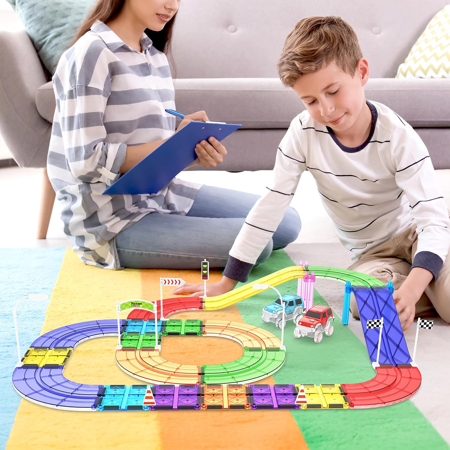 PicassoTiles Race Track Add-On Railway Magnetic Tiles STEM Construction Toy
