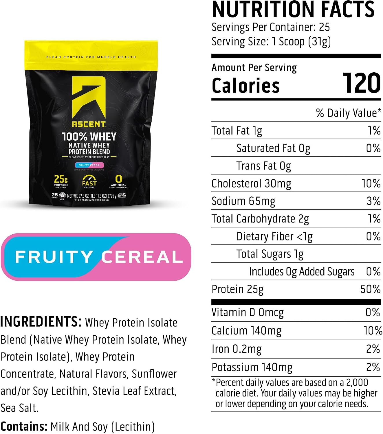Ascent 100% Whey Protein Powder - Post Workout Whey Protein Isolate, Zero Artificial Flavors & Sweeteners, Gluten Free, 5.5g BCAA, 2.6g Leucine, Unflavored 2 lb