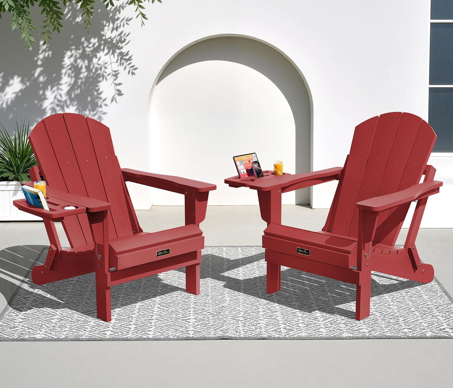 SERWALL Folding Adirondack Chairs with Cup Holder, Outdoor Fire Pit - Blue