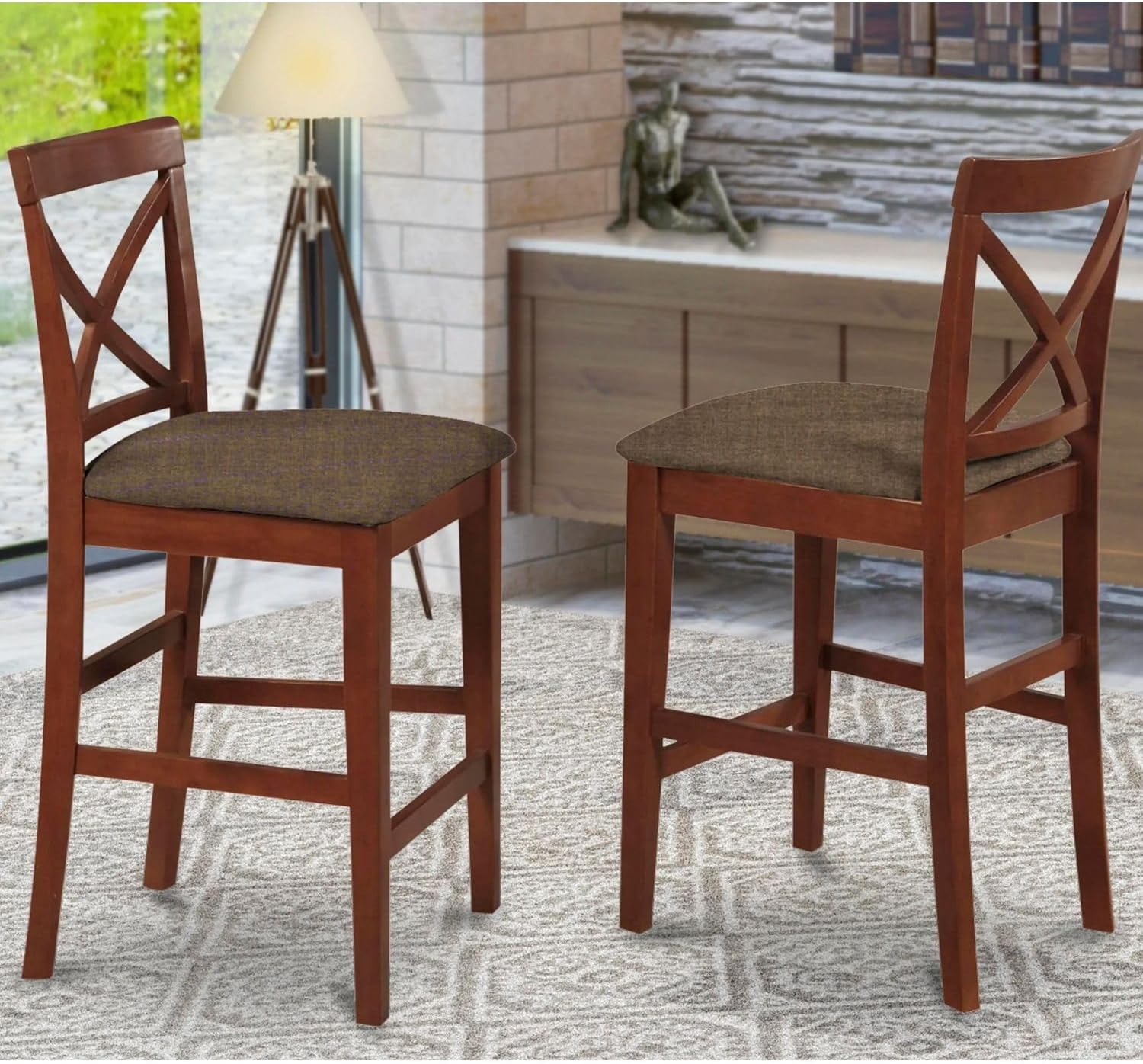 East West Furniture PBS-OAK-W Pub Counter-Height Bar Stool - Pub Height Kitchen Chairs, Set of 2, Oak