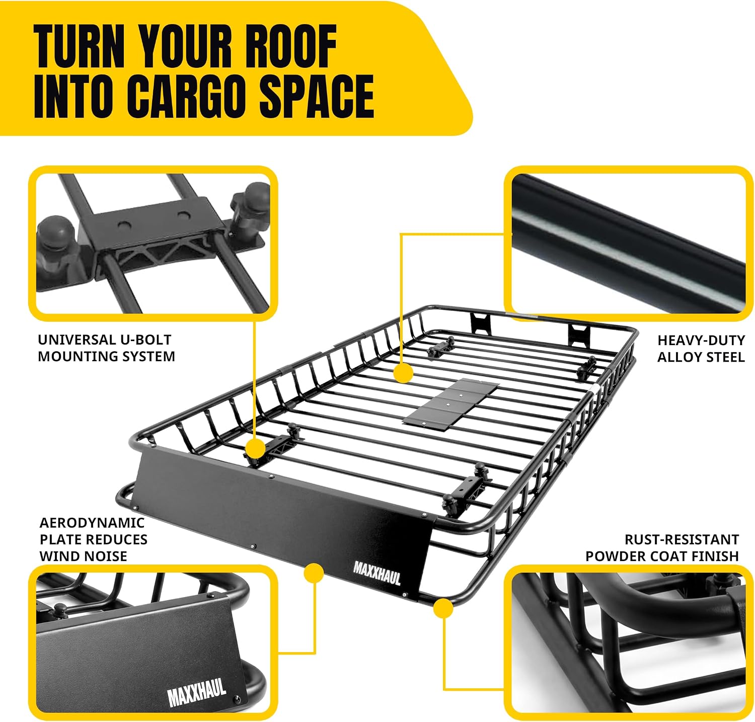 MaxxHaul Steel Roof Rack Cargo Basket, 46" x 36" x 4.5" Roof Top Carrier, Universal Fit for Cars, SUVs, Vans, and RVs, 150 lb Capacity, Weather-Resistant Easy-Install Cargo Storage (70115)