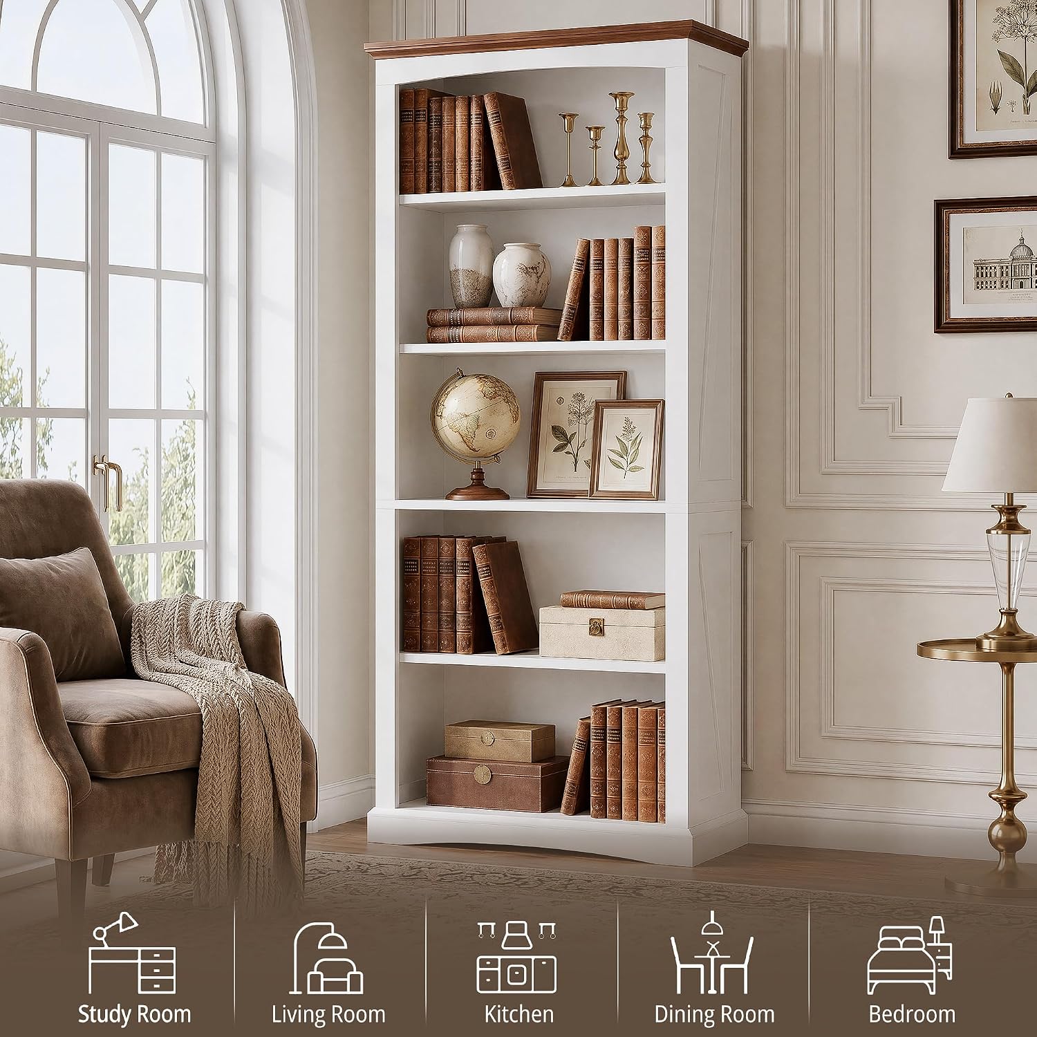 IRONCK 5 Tier Farmhouse Bookshelf 70.9" White Bookcase with Brown Wood Top | brown top & brace side panels, anti-tip stable design, bookcase, bedroom