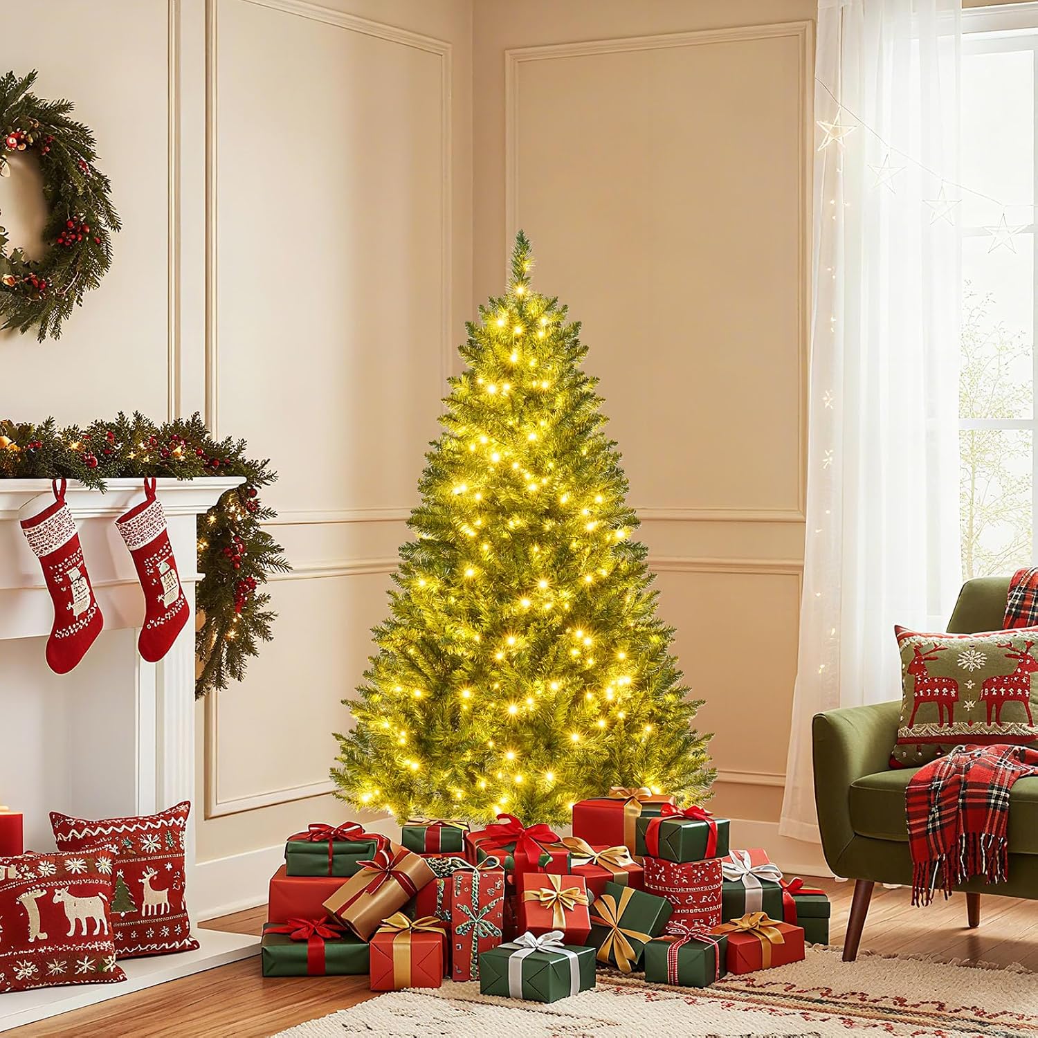 Goplus 7.5ft Pre-Lit Artificial Christmas Tree, Premium PVC Snow Flocked Hinged Pine Tree with Metal Stand and LED Lights