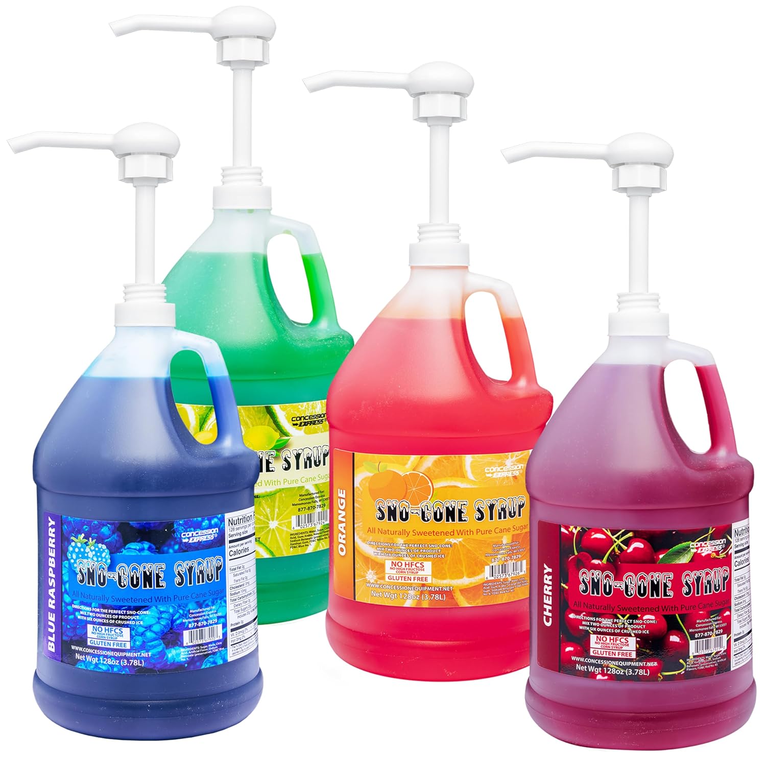 Mix & Match Concession Express Gallon Pure Cane Sno-Cone Syrup, No High Fructose Corn Syrup - W/Pumps (Case Of Four)